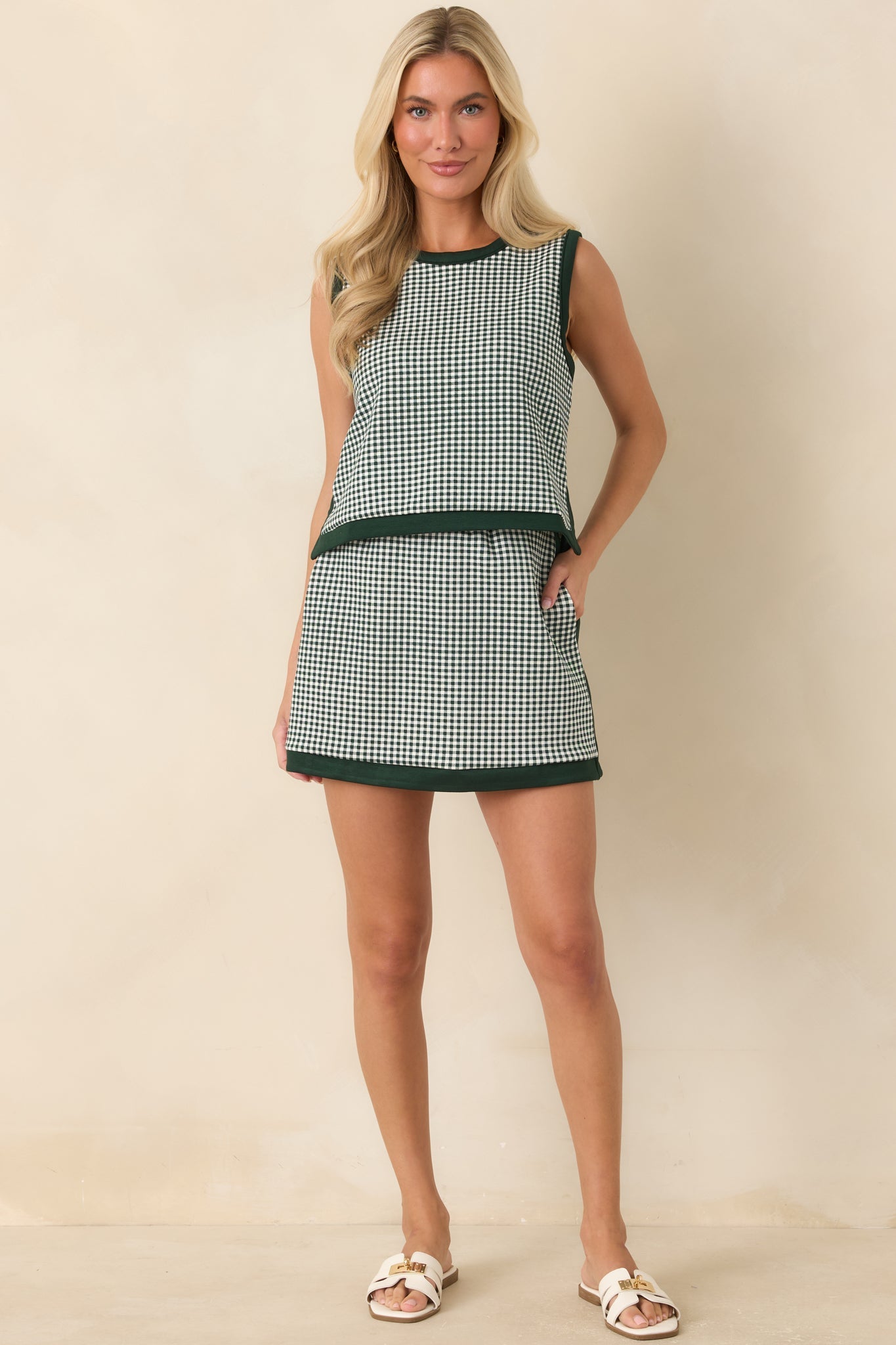 Check the Agenda Hunter Green Gingham Contrast Trim Sleeveless Top