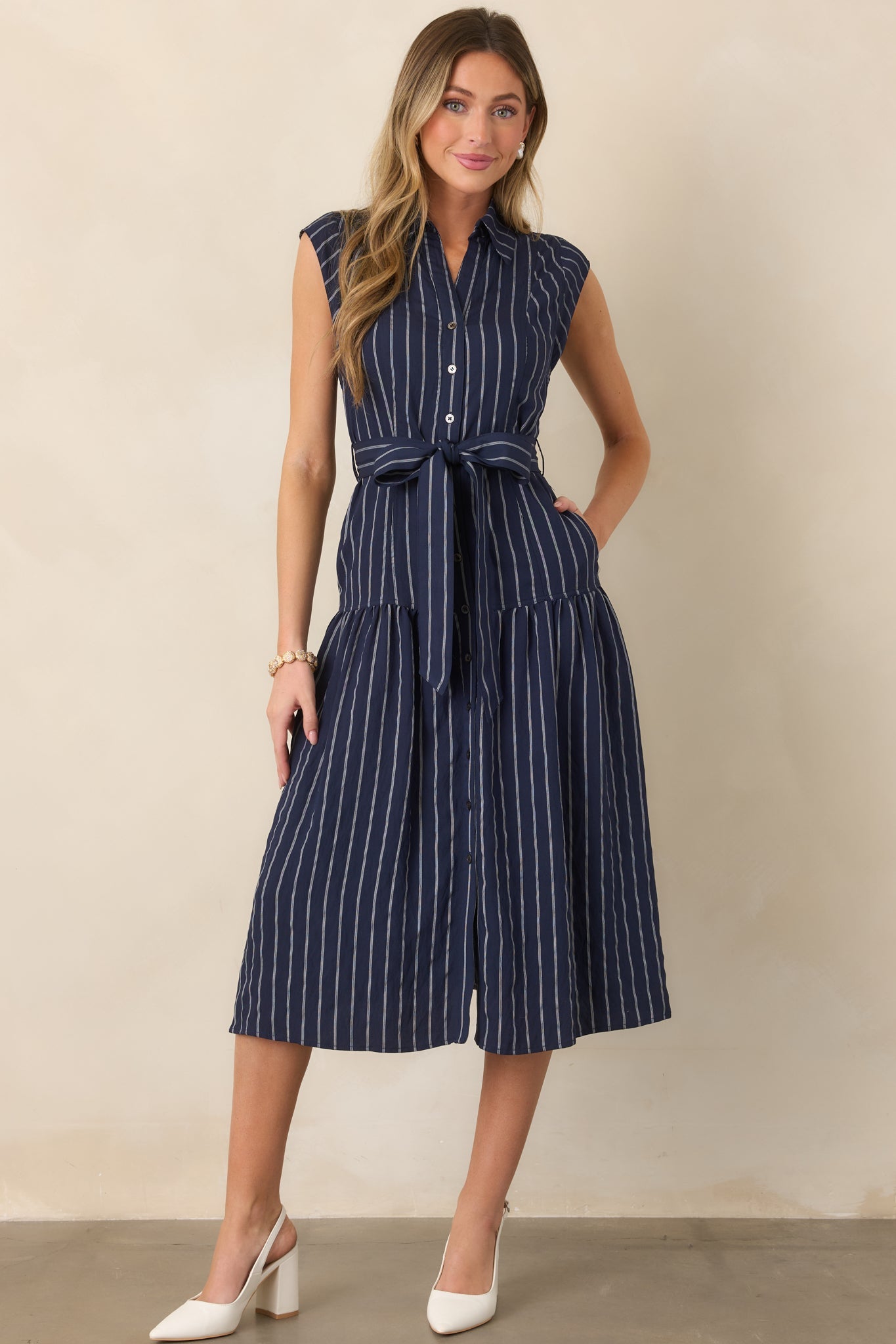 Always On Course Navy Striped Button Front Midi Dress