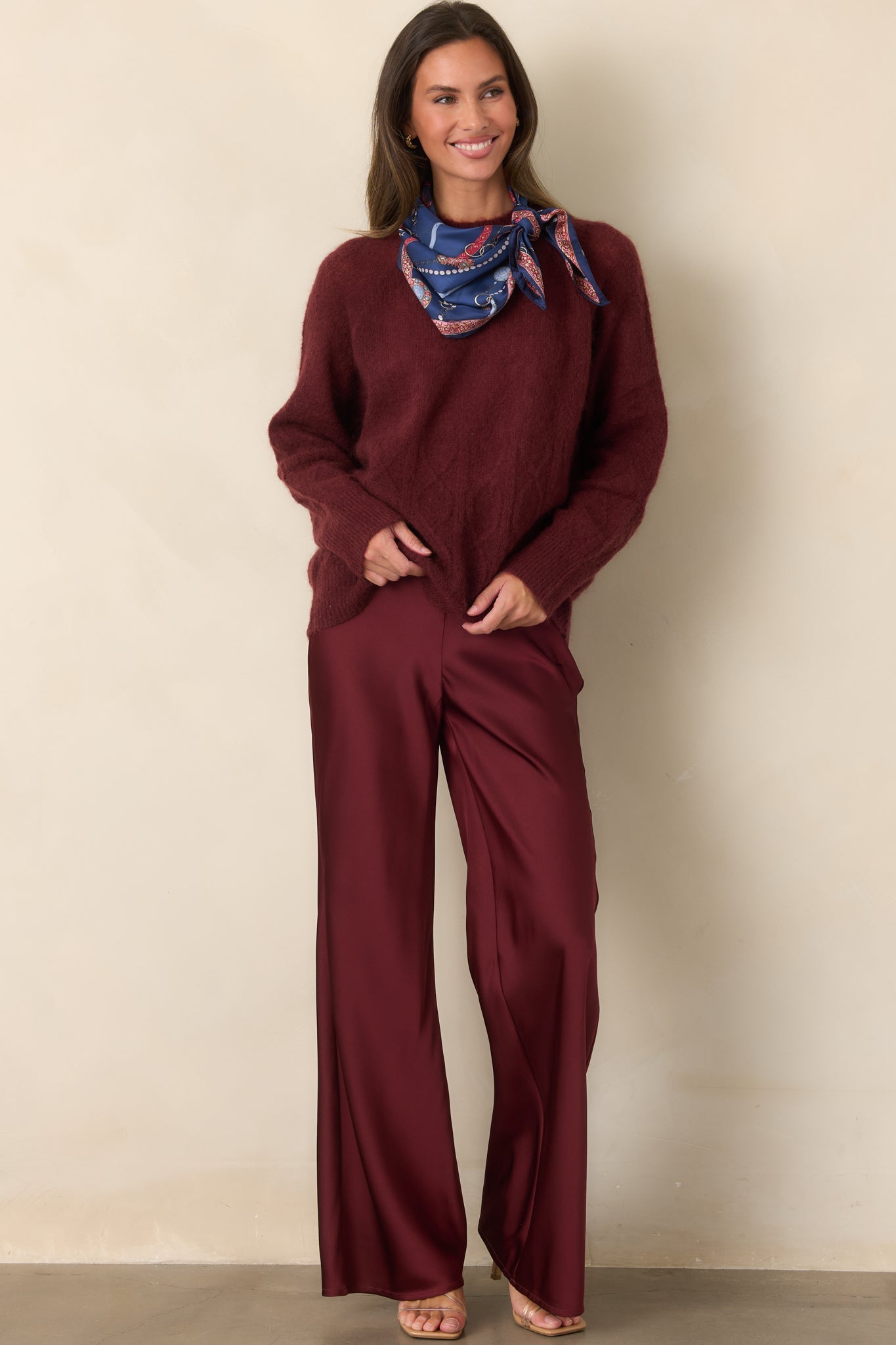 A Whole New Direction Wine Red Satin Wide Leg Pants