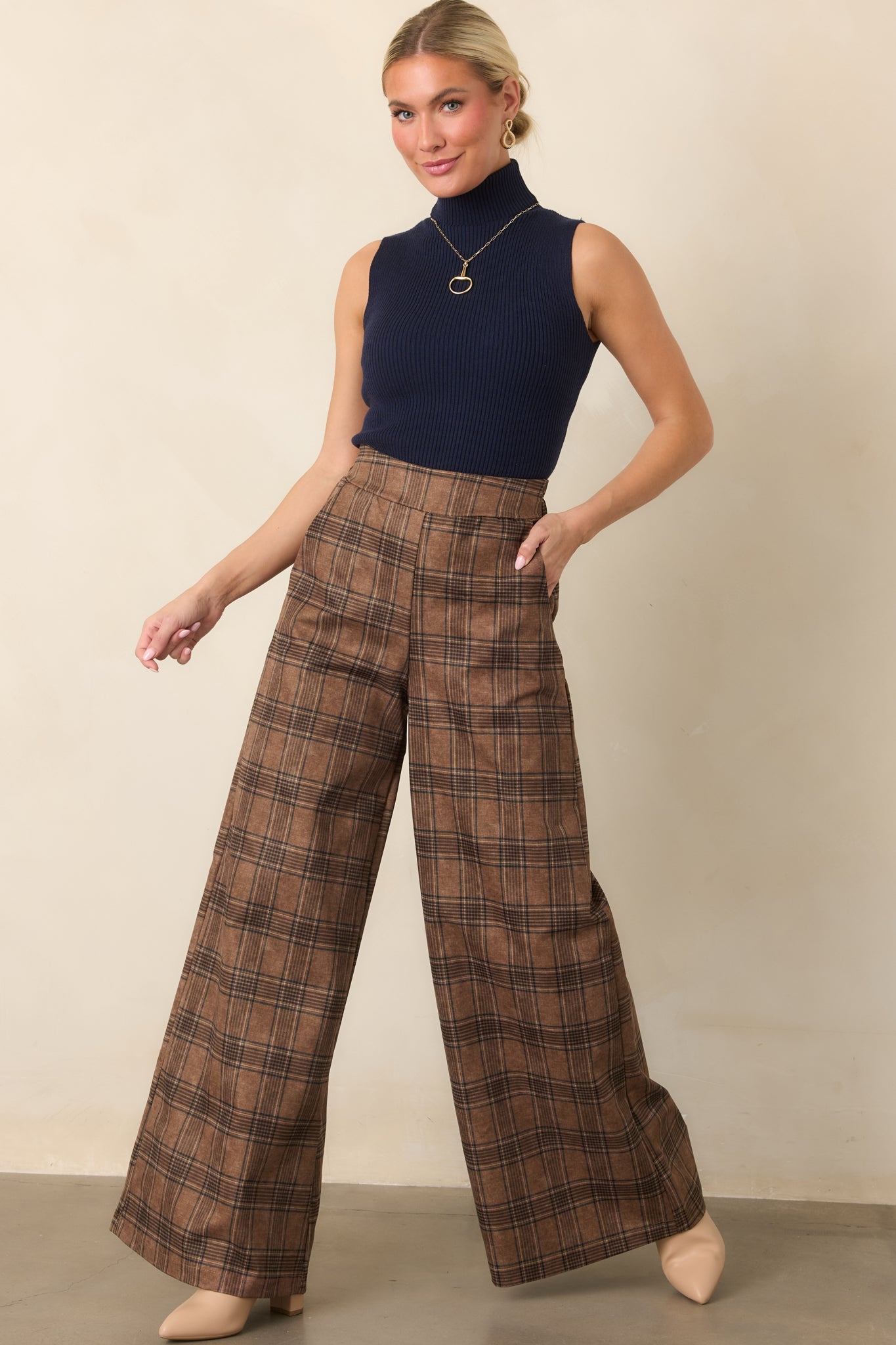 Astrid Mitchel Brown Plaid High Rise Wide Leg Pants
