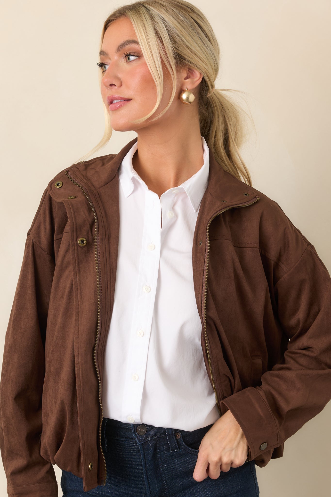 A Smooth Departure Chocolate Brown Faux Suede Bomber Jacket