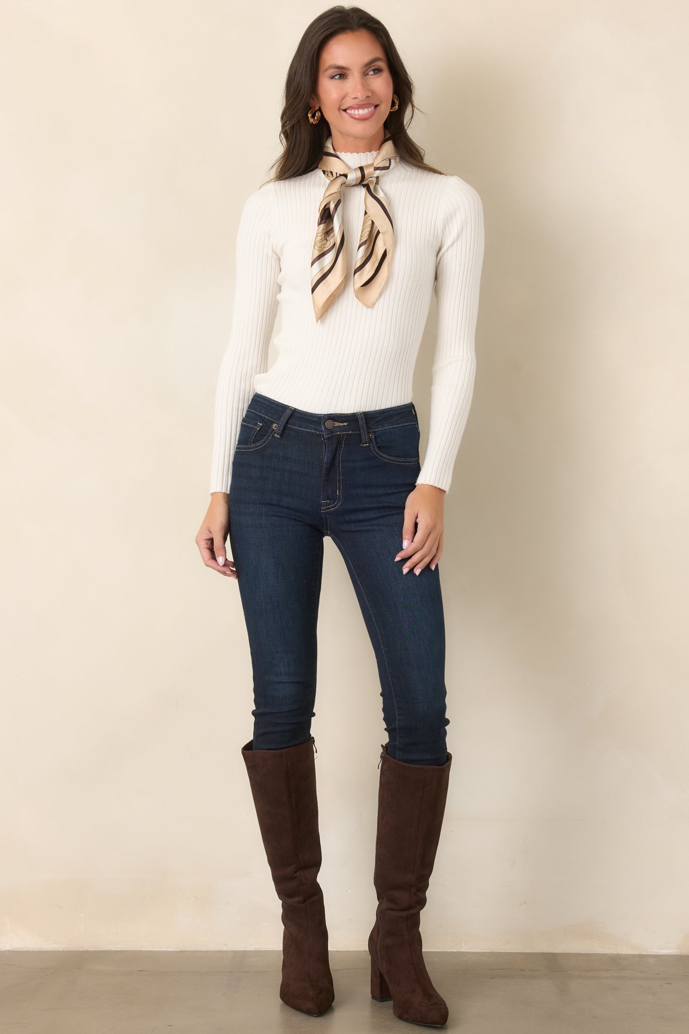 Astrid River Ivory Ribbed Knit Mock Neck Top