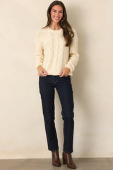 All the While Ivory Cable Knit Crewneck Pullover Sweater