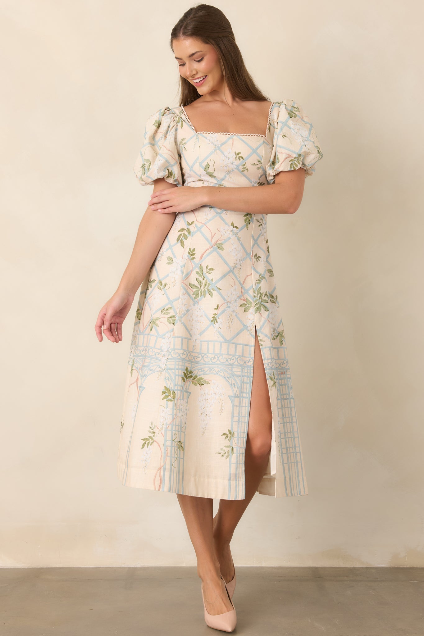 En Saison Georgina Ivory Floral Lattice Textured Midi Dress