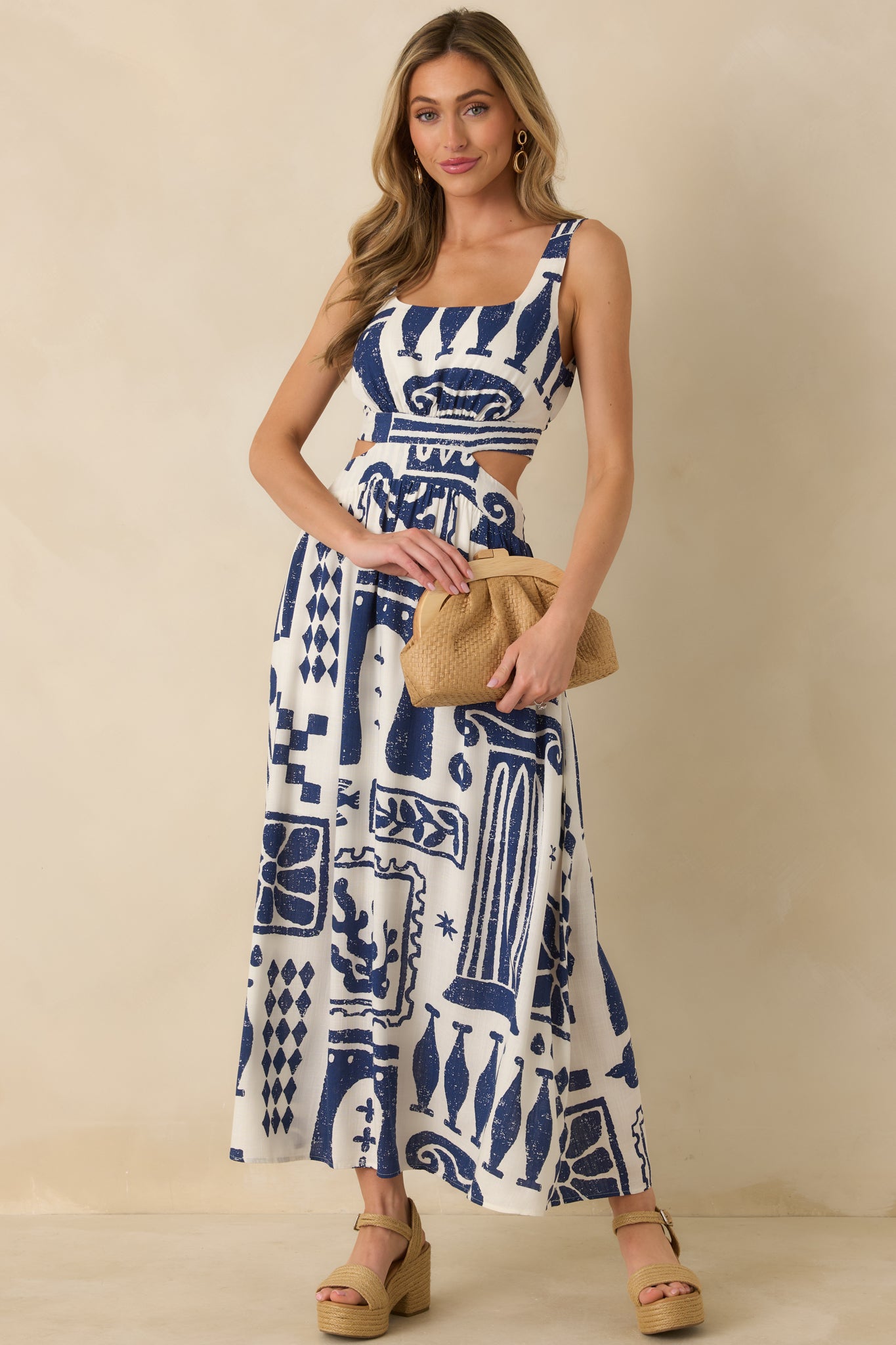 Aegean Dreams Navy & White Mediterranean Cut-Out Tie-Back Maxi Dress
