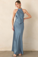 ASTR the Label Viridiana Steel Blue Satin Halter Maxi Dress