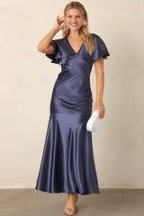 ASTR the Label Jamie Steel Blue Satin Flutter Sleeve Maxi Dress