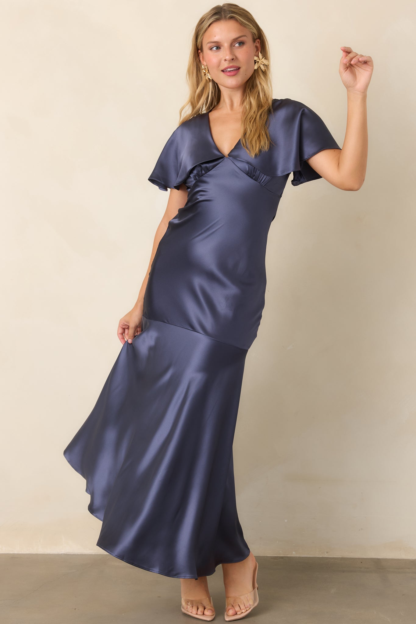 ASTR the Label Jamie Steel Blue Satin Flutter Sleeve Maxi Dress