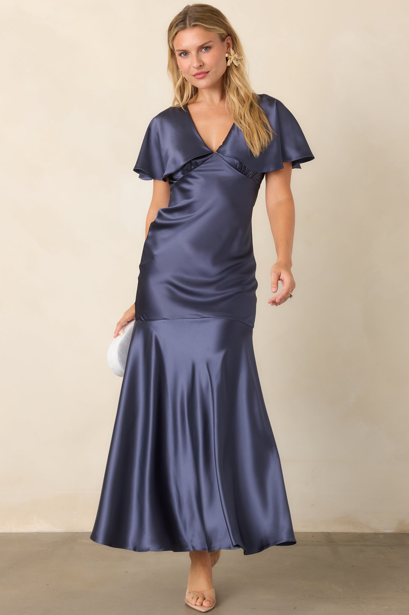 ASTR the Label Jamie Steel Blue Satin Flutter Sleeve Maxi Dress