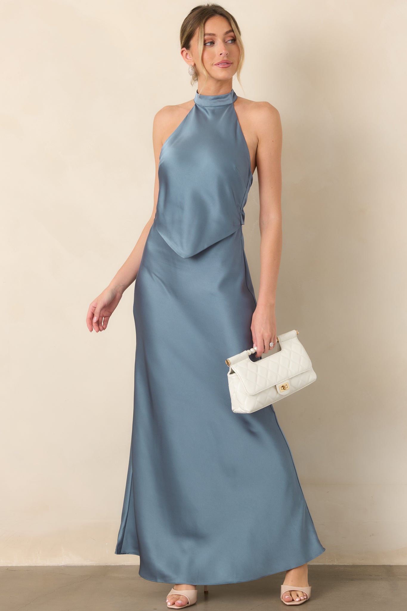 ASTR the Label Viridiana Steel Blue Satin Halter Maxi Dress