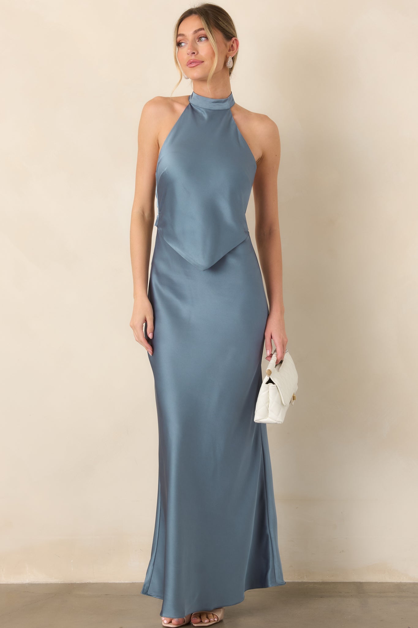 ASTR the Label Viridiana Steel Blue Satin Halter Maxi Dress