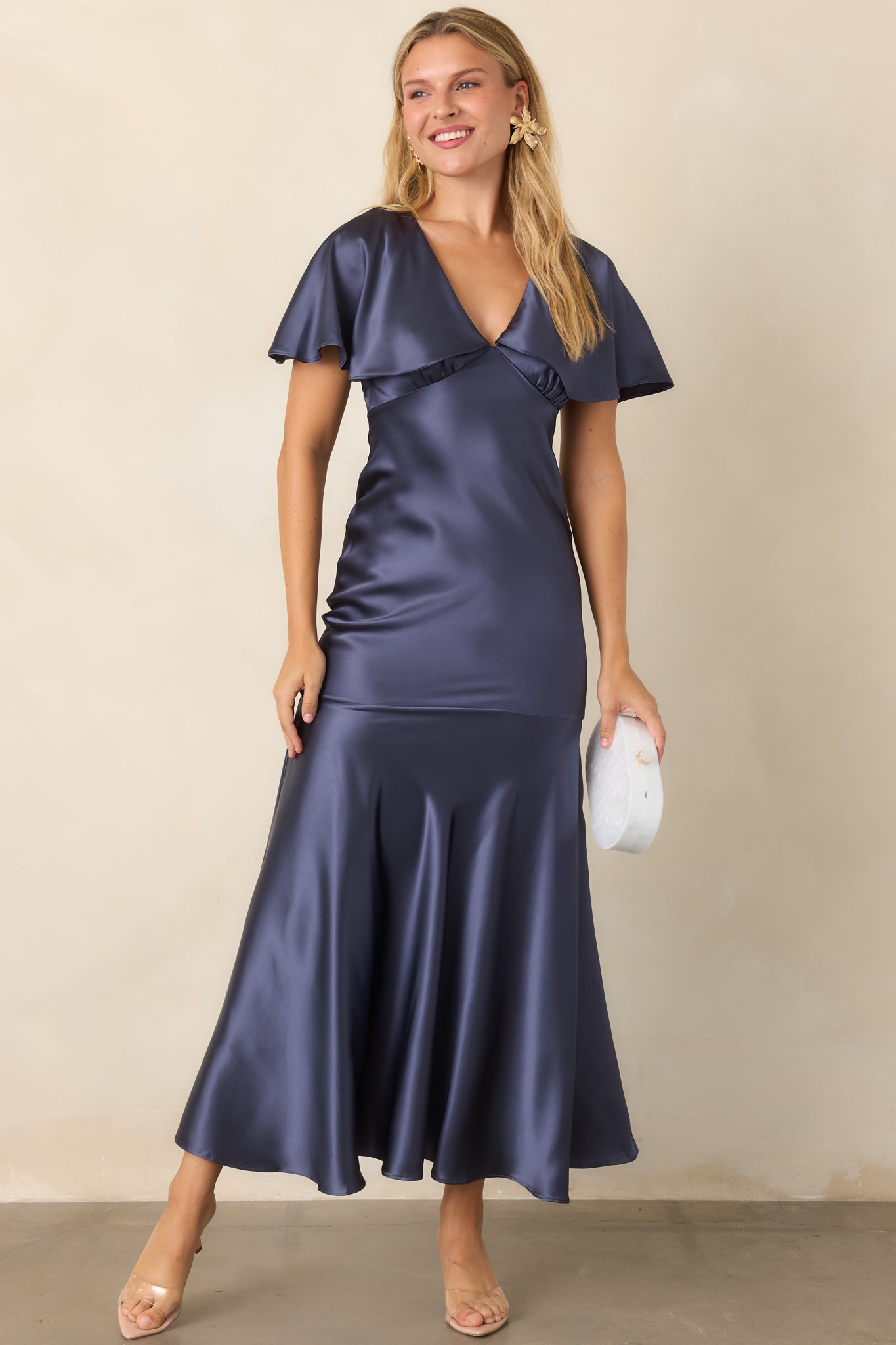 ASTR the Label Jamie Steel Blue Satin Flutter Sleeve Maxi Dress