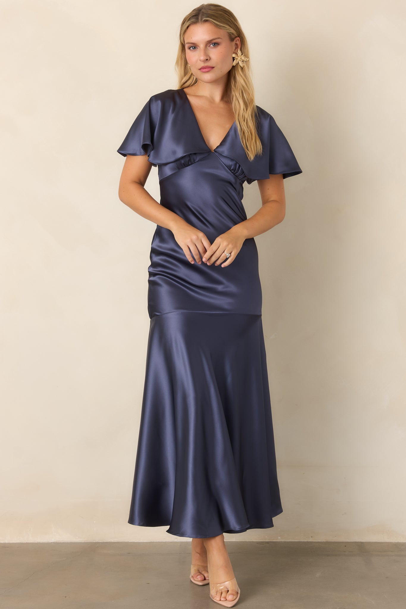 ASTR the Label Jamie Steel Blue Satin Flutter Sleeve Maxi Dress