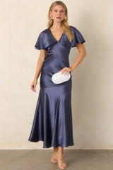ASTR the Label Jamie Steel Blue Satin Flutter Sleeve Maxi Dress