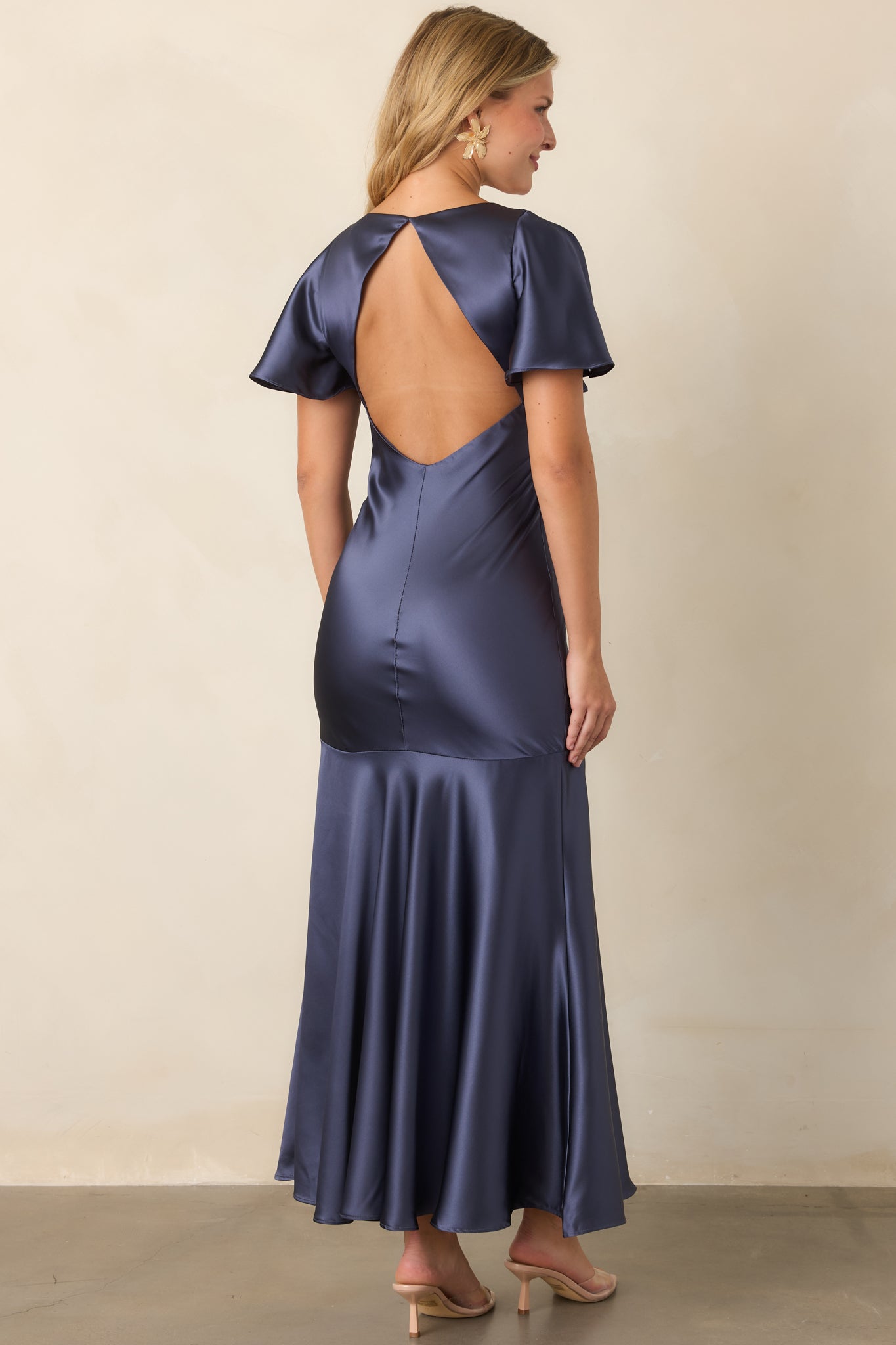 ASTR the Label Jamie Steel Blue Satin Flutter Sleeve Maxi Dress