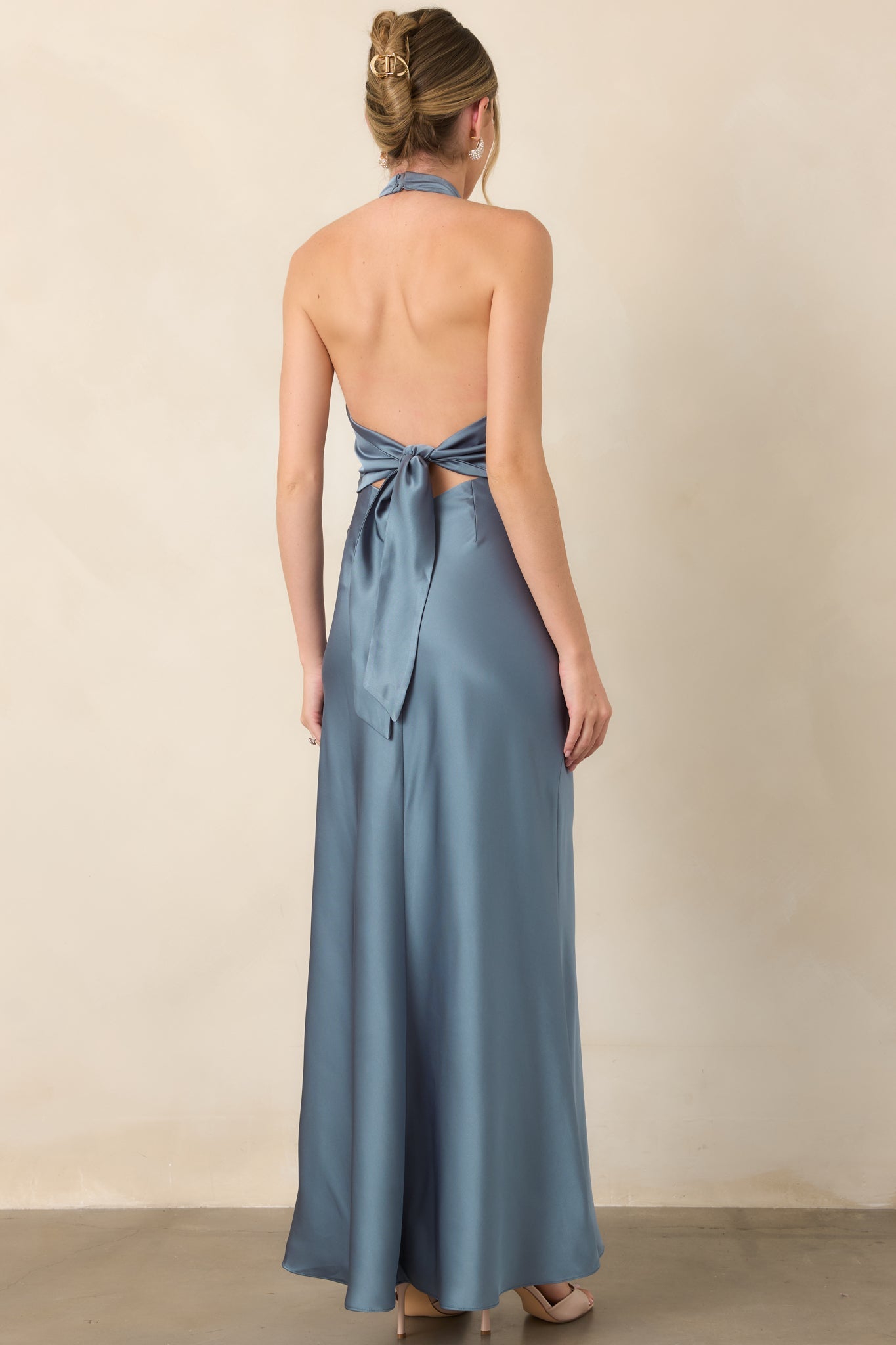 ASTR the Label Viridiana Steel Blue Satin Halter Maxi Dress
