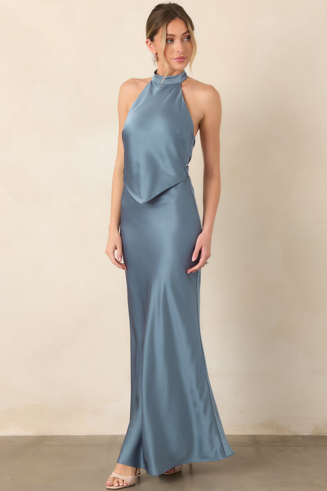 ASTR the Label Viridiana Steel Blue Satin Halter Maxi Dress