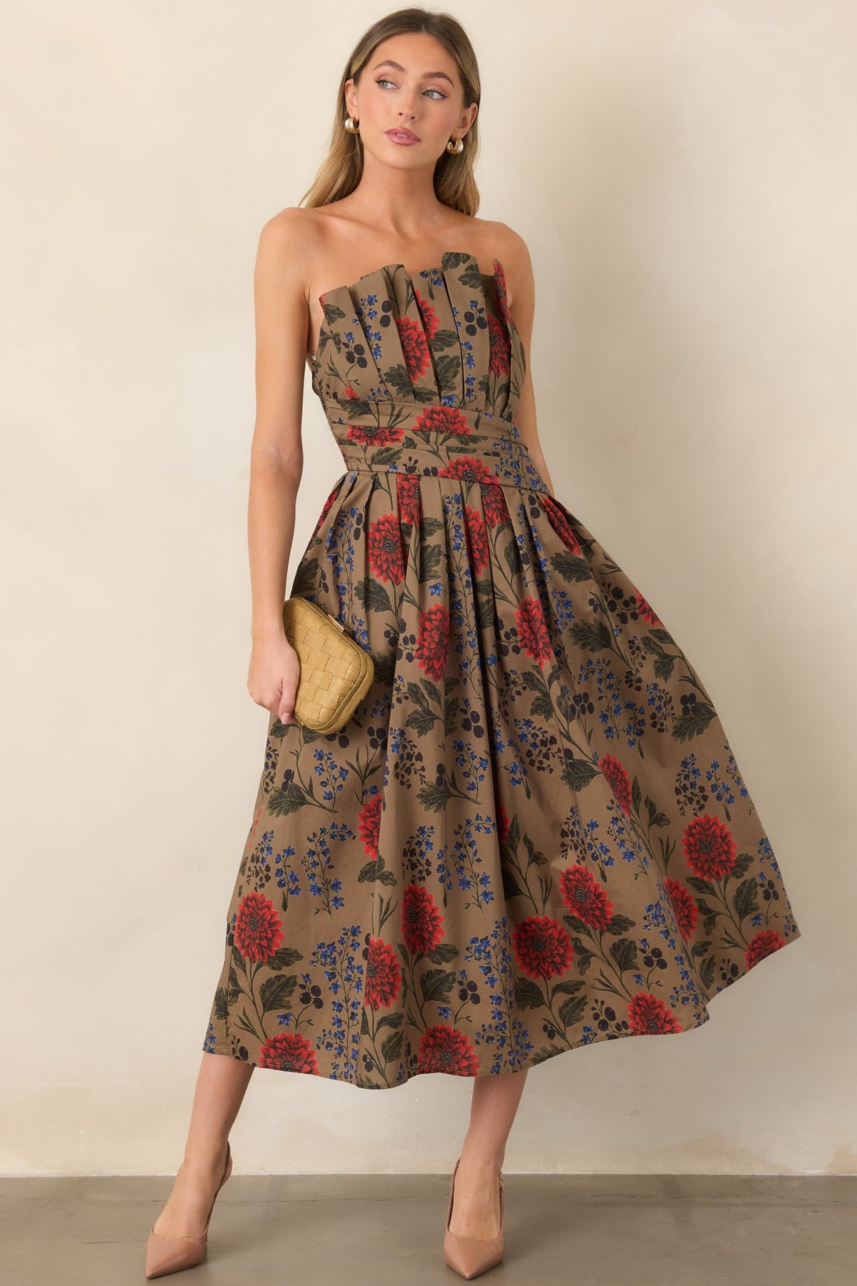 A Reason to Stay Mocha Brown Multi Floral Cotton Strapless Midi Dress
