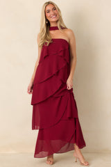 A Little Swept Away Wine Red Strapless Tiered Maxi Dress