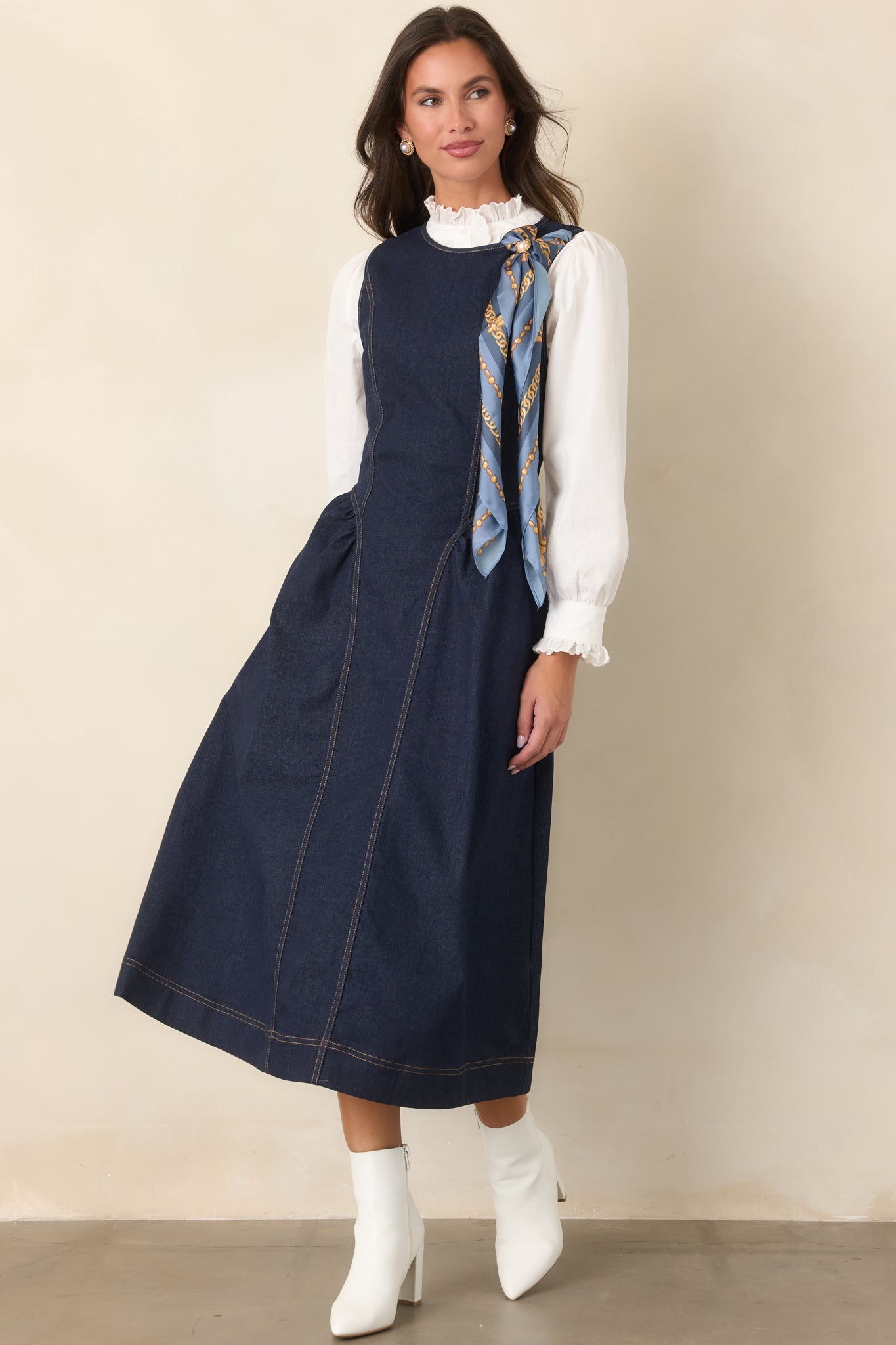 A Little More Like Me Dark Wash Sleeveless Denim Midi Dress