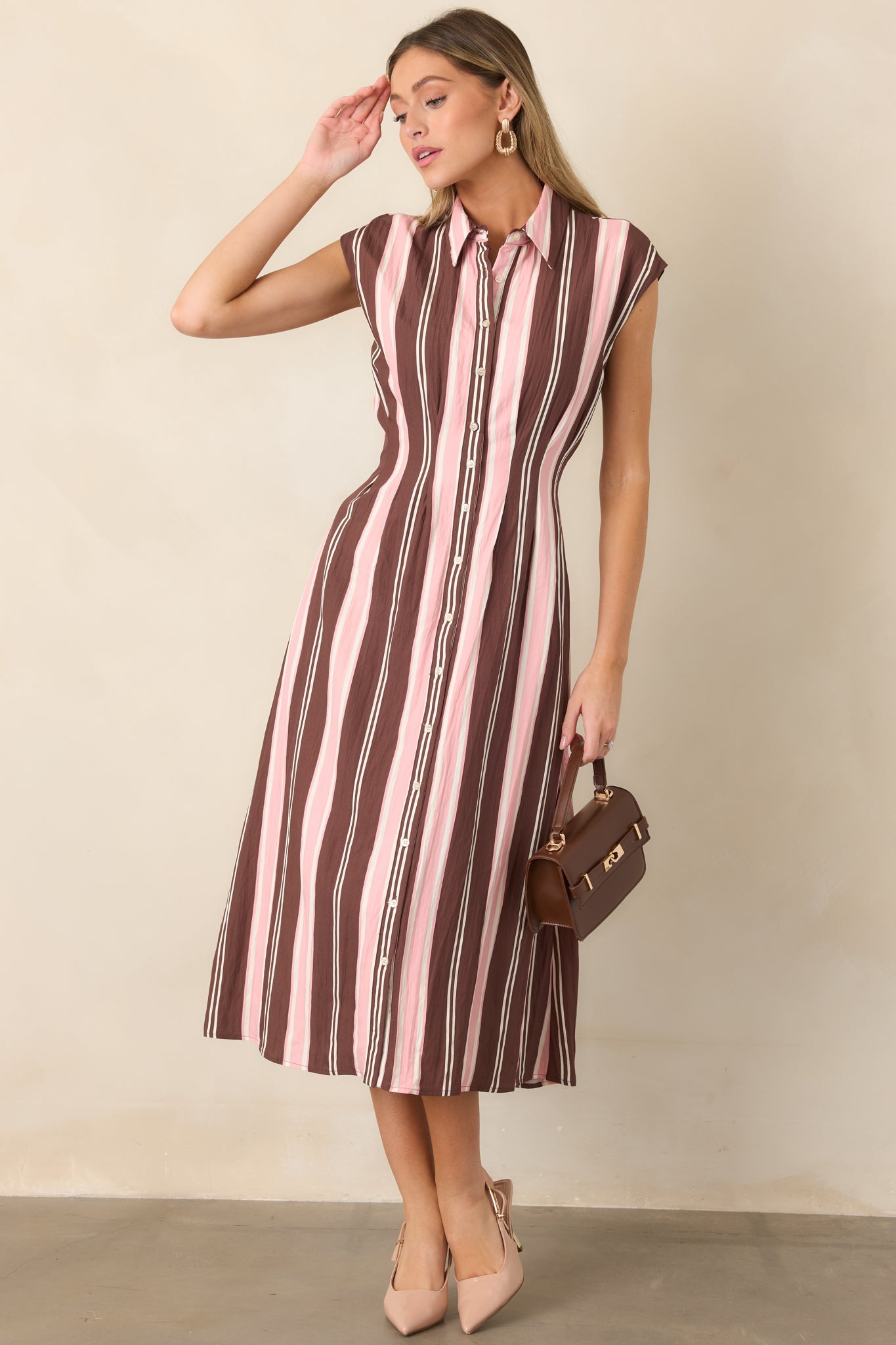 Coffee & Conversation Brown & Pink Stripe Midi Shirt Dress