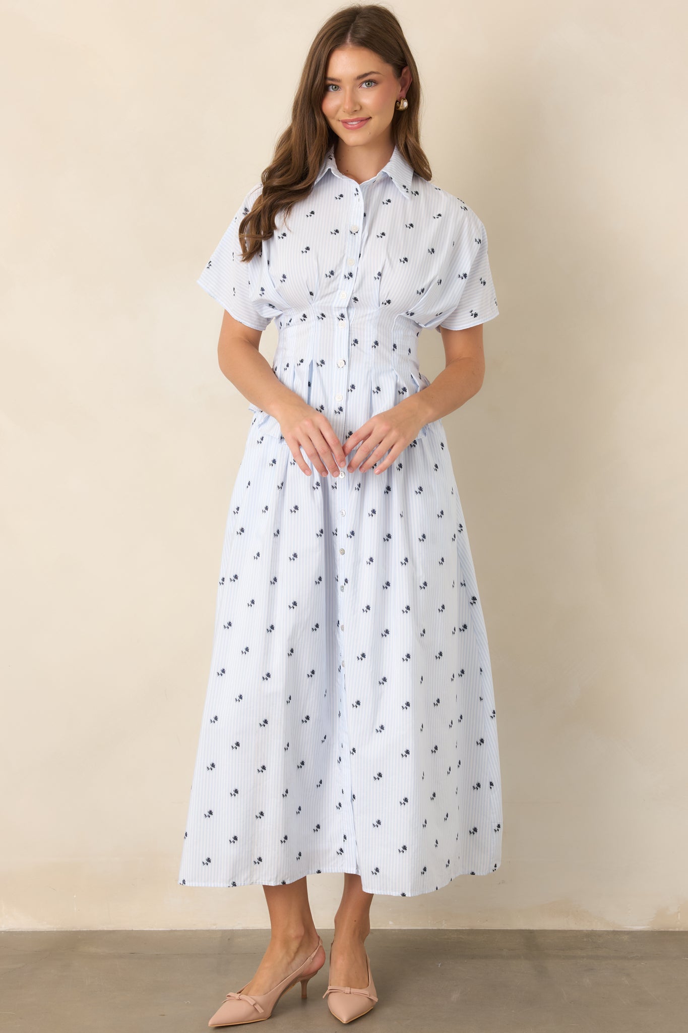 En Saison Veronica Blue Floral Stripe Button Front Maxi Skirt