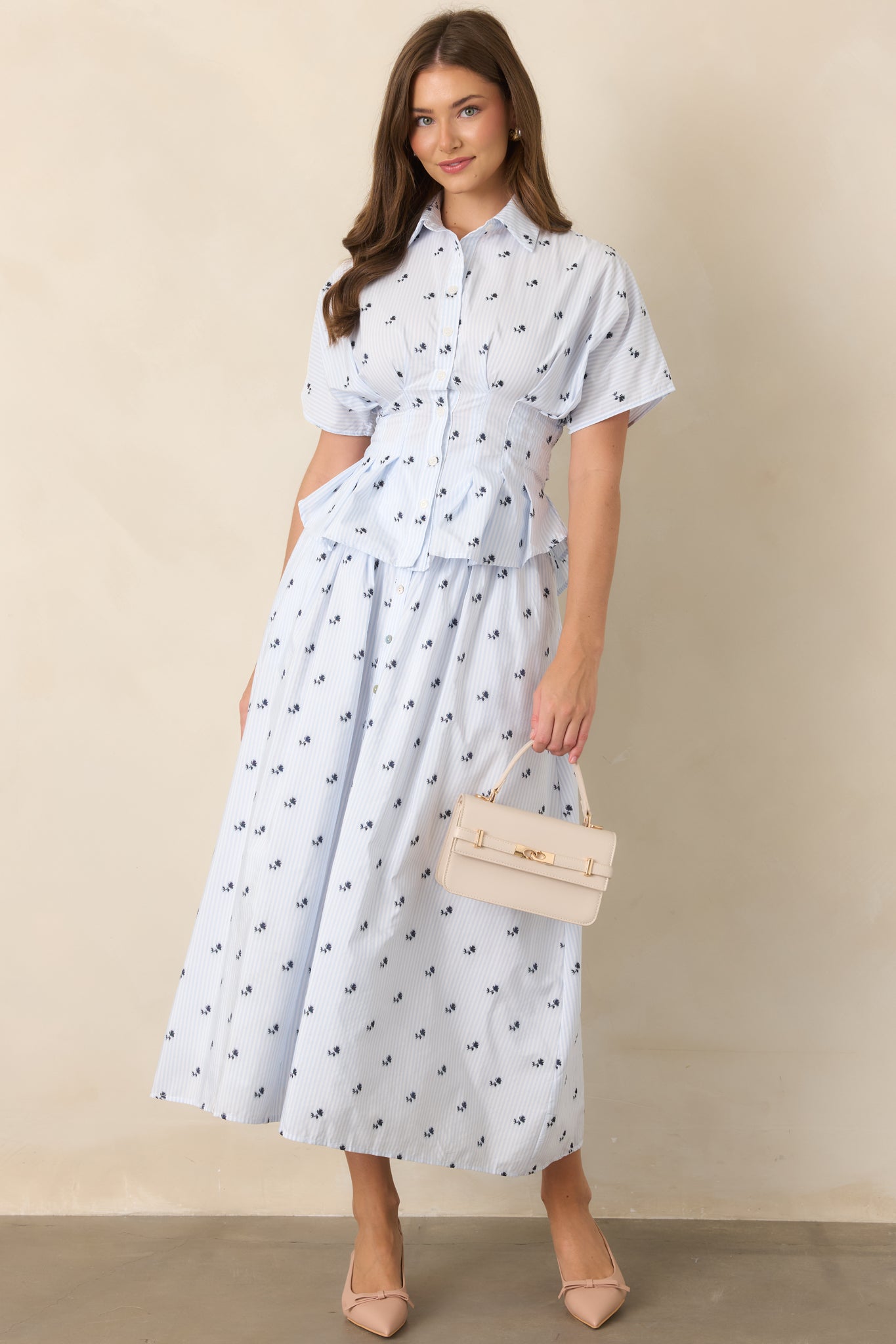 En Saison Veronica Blue Floral Stripe Button Front Peplum Top