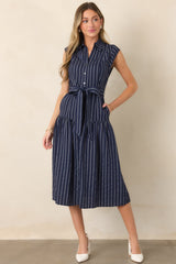 Always On Course Navy Striped Button Front Midi Dress