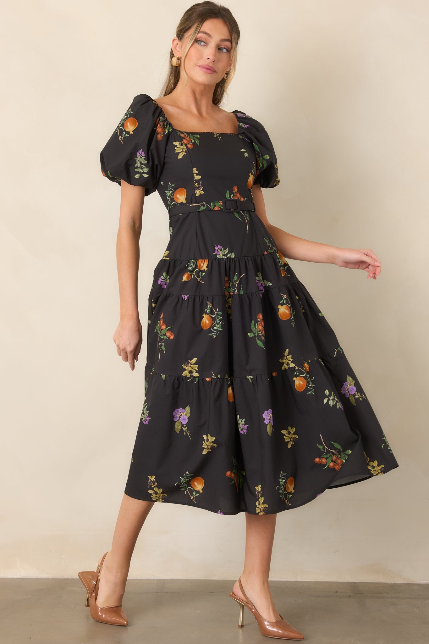 En Saison Kristie Black Multi Fruit Print Cotton Belted Midi Dress