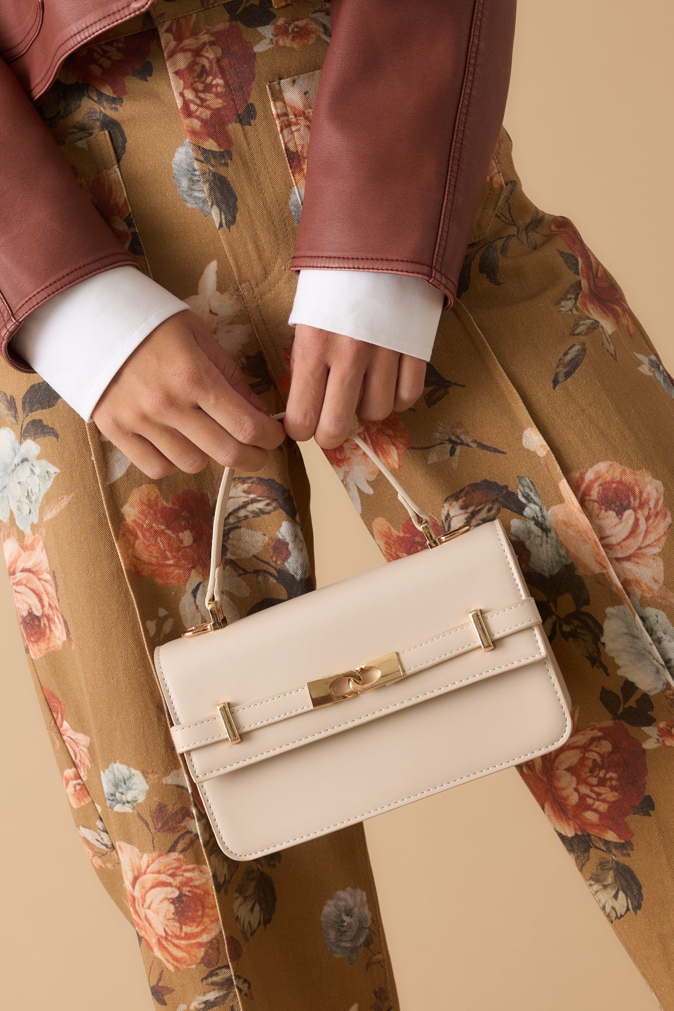 Carry On Your Way Ivory Faux Leather Top Handle Bag