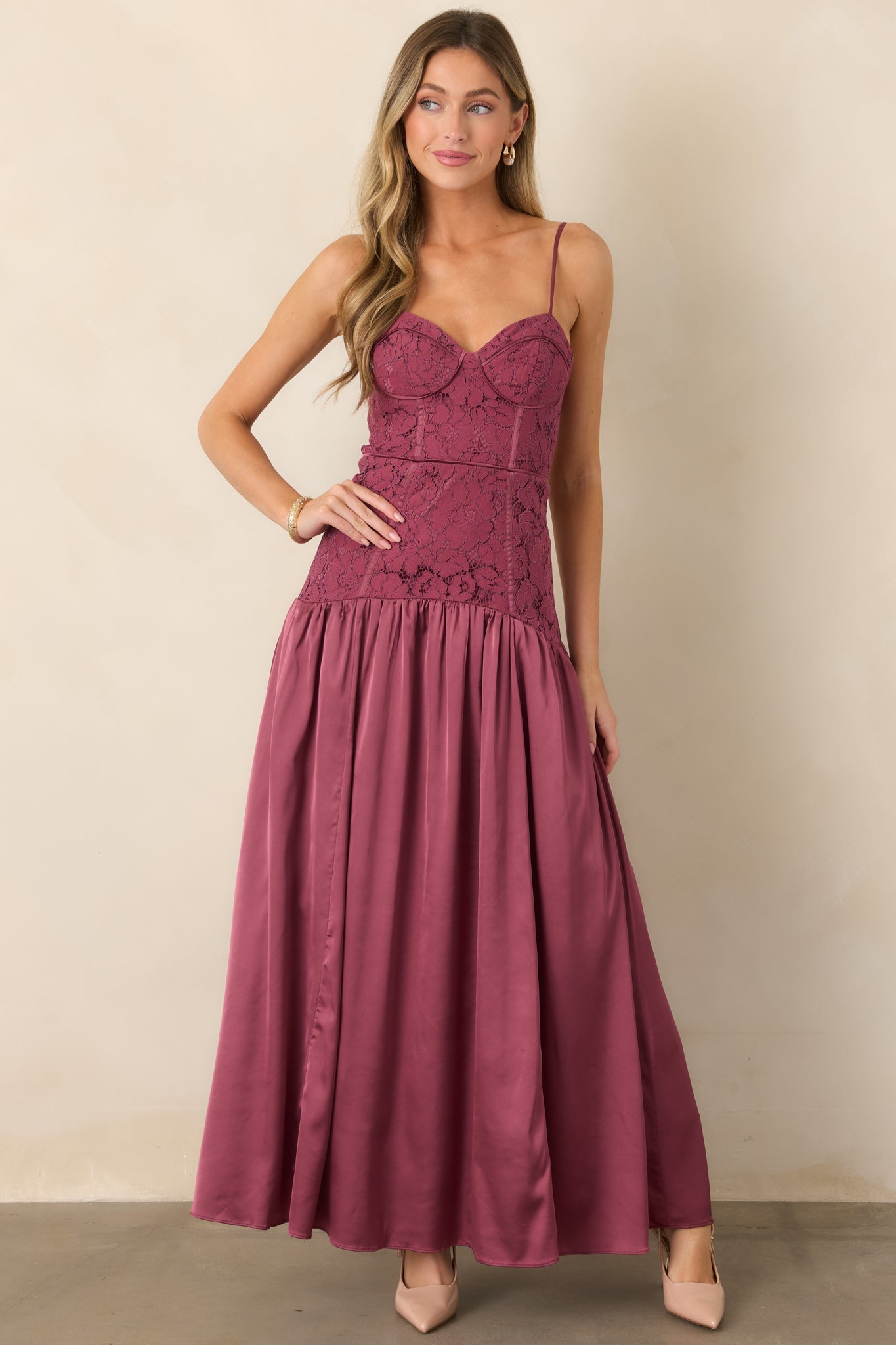 ASTR the Label Kaylani Mauve Lace Bustier Maxi Dress