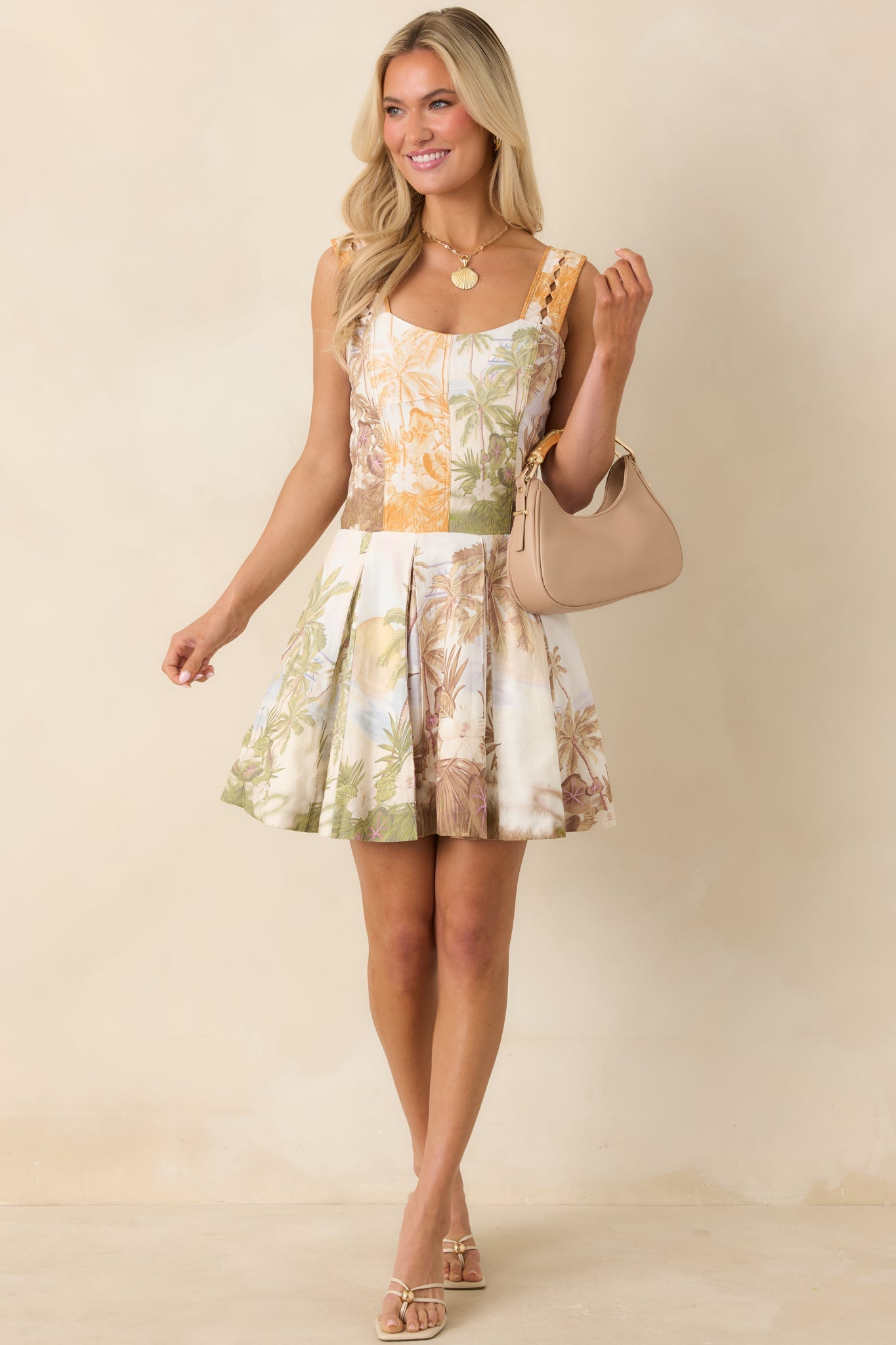 AIYIA Nevaeh Multi Tropical Beach Print Pleated Mini Dress
