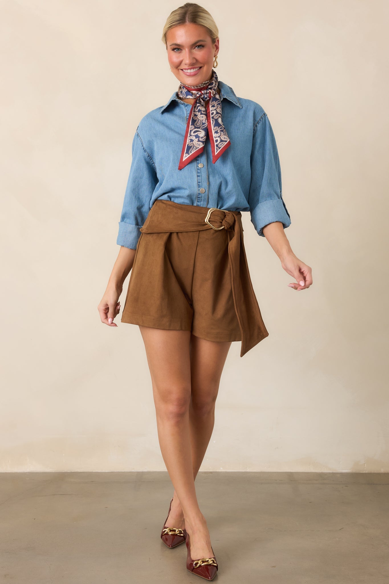 Buckled and Ready Chestnut Belted Faux Suede Shorts