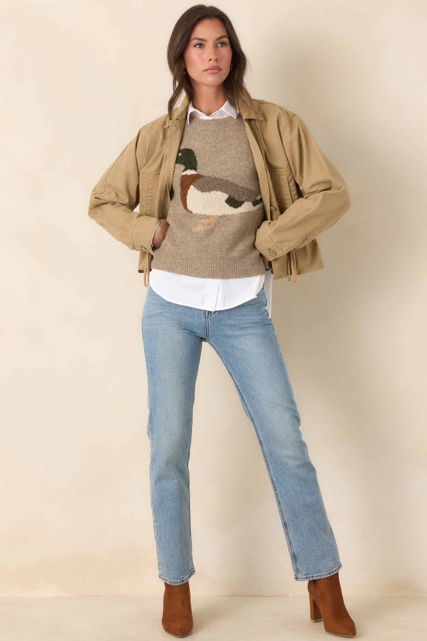 A Little Fowl Play Taupe Duck Intarsia Knit Sweater
