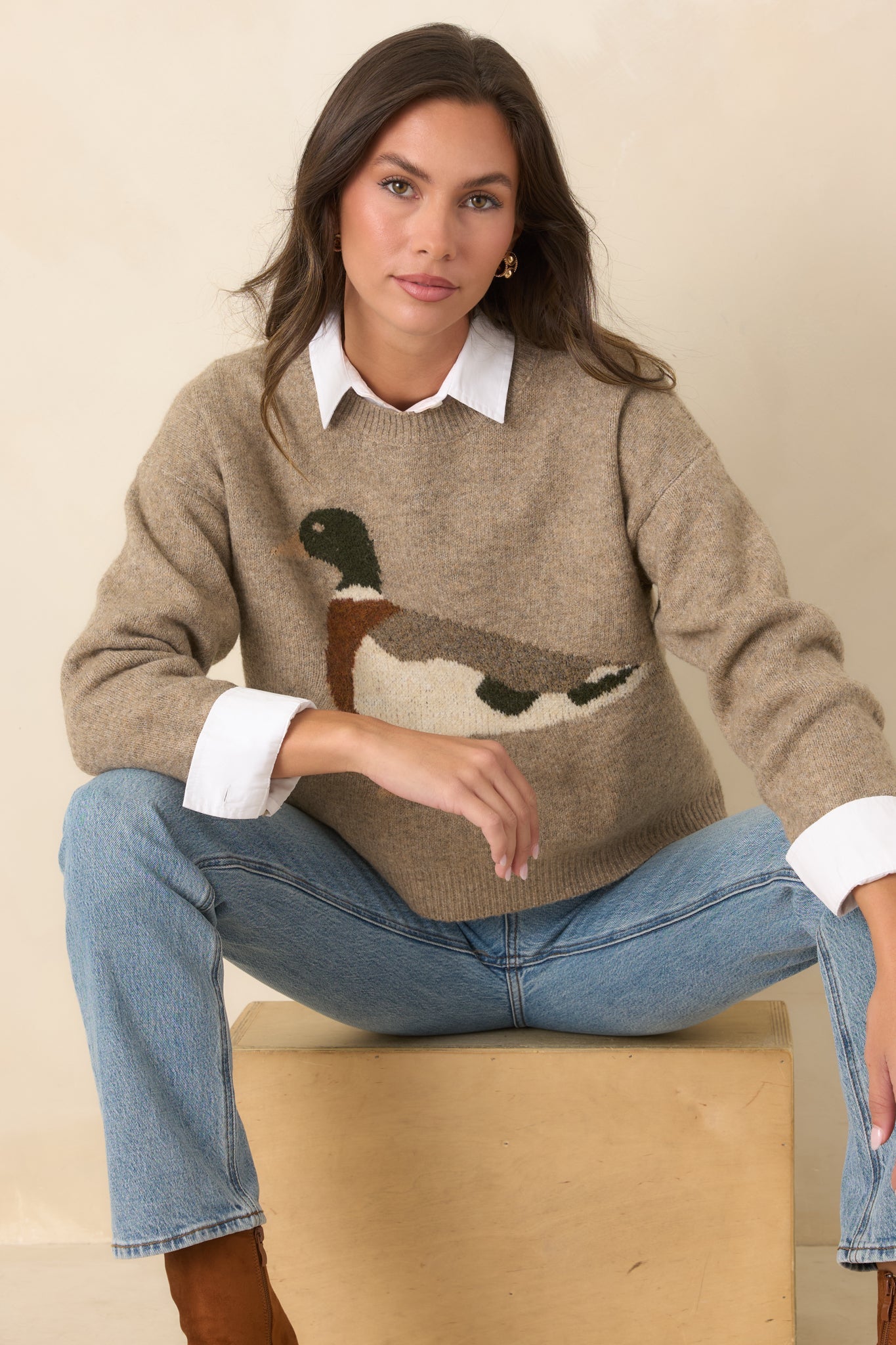 A Little Fowl Play Taupe Duck Intarsia Knit Sweater