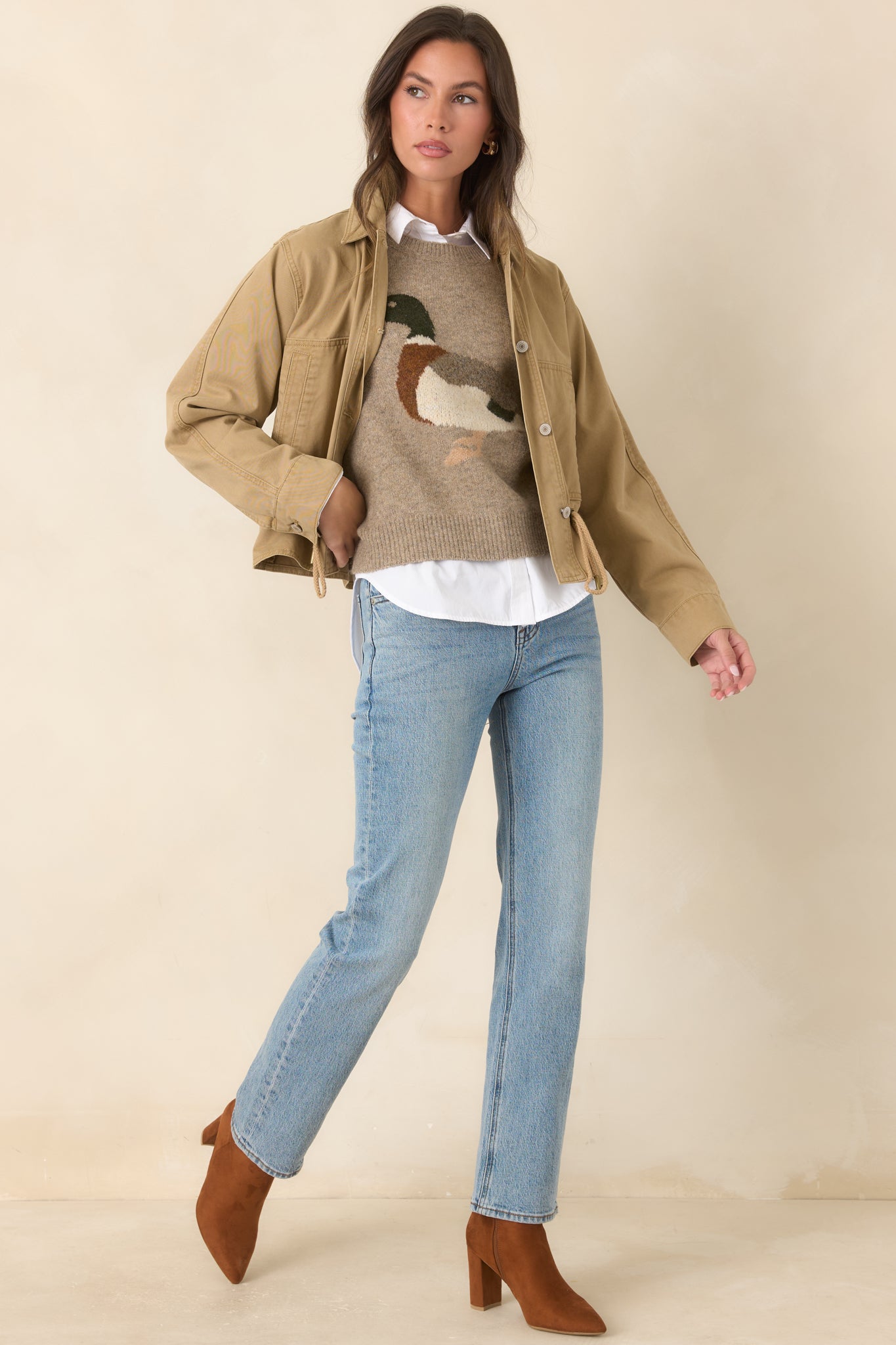 A Little Fowl Play Taupe Duck Intarsia Knit Sweater