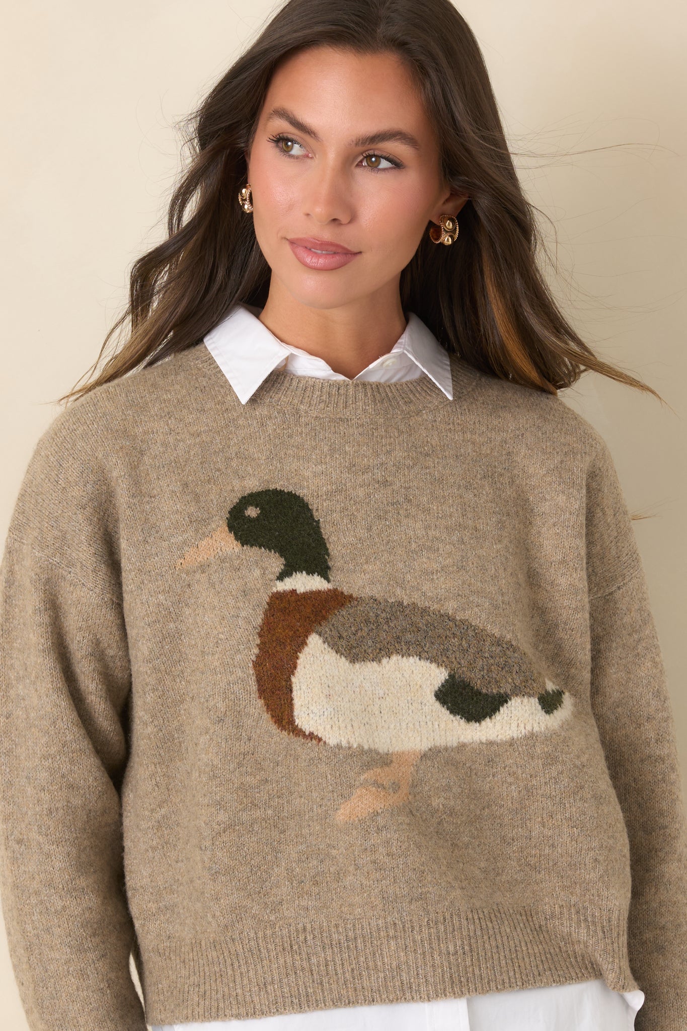 A Little Fowl Play Taupe Duck Intarsia Knit Sweater