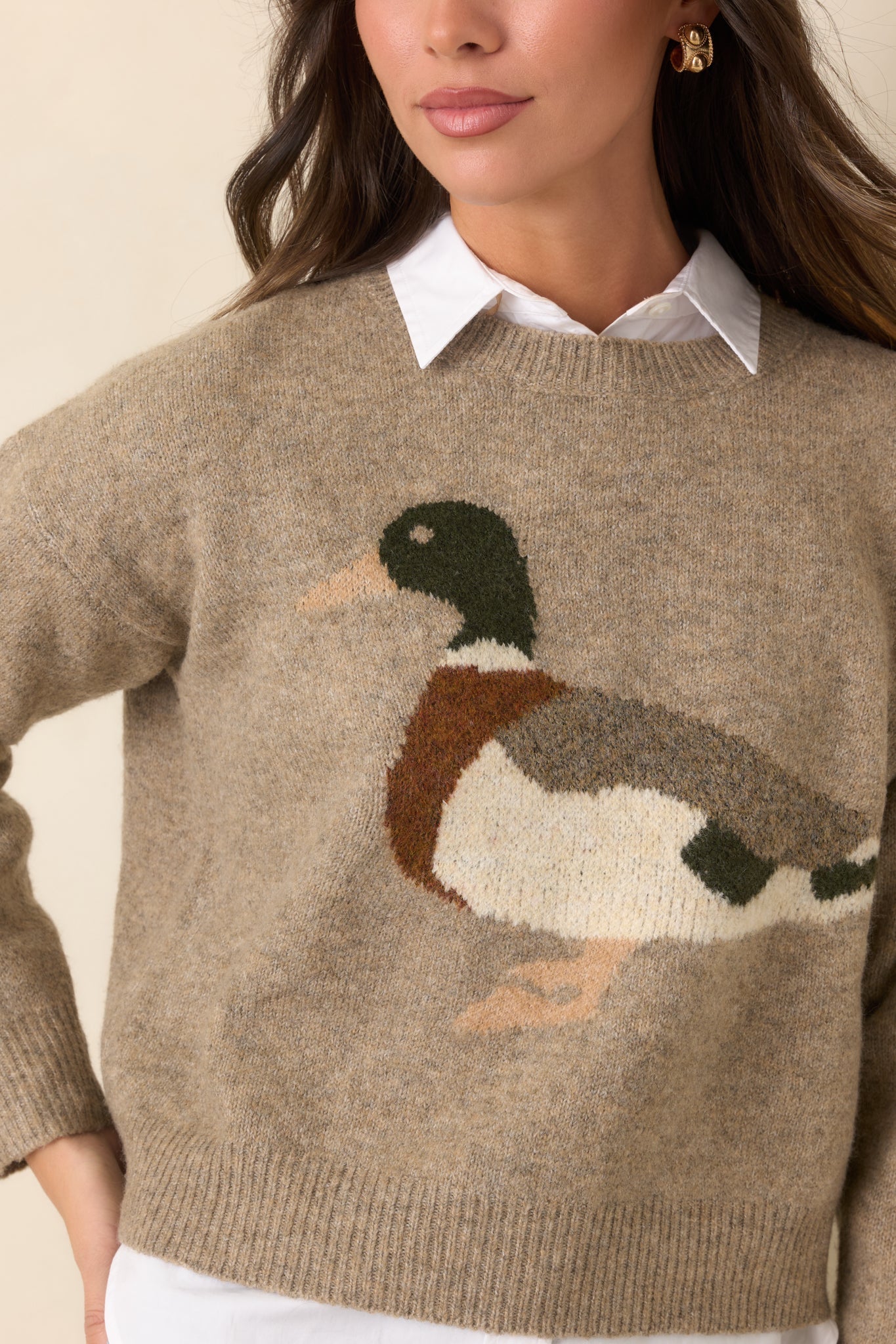 A Little Fowl Play Taupe Duck Intarsia Knit Sweater