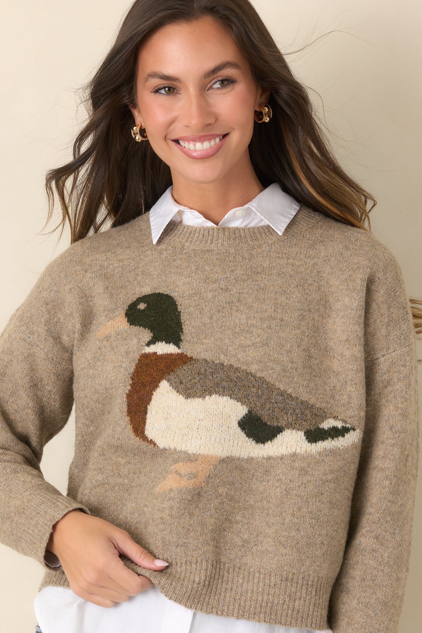 A Little Fowl Play Taupe Duck Intarsia Knit Sweater