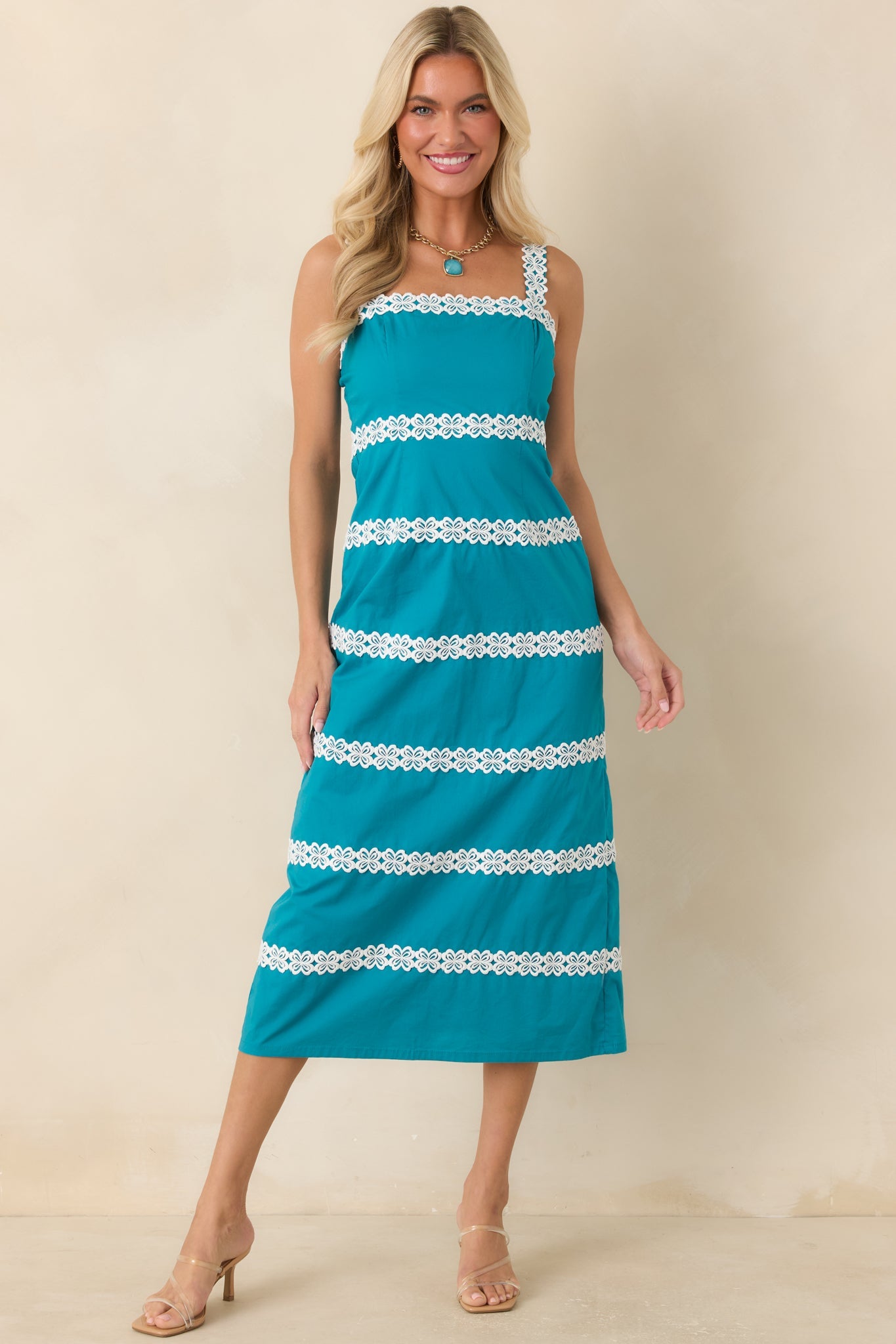 Couldn't Stay Away Teal & Ivory Floral Lace Midi Dress