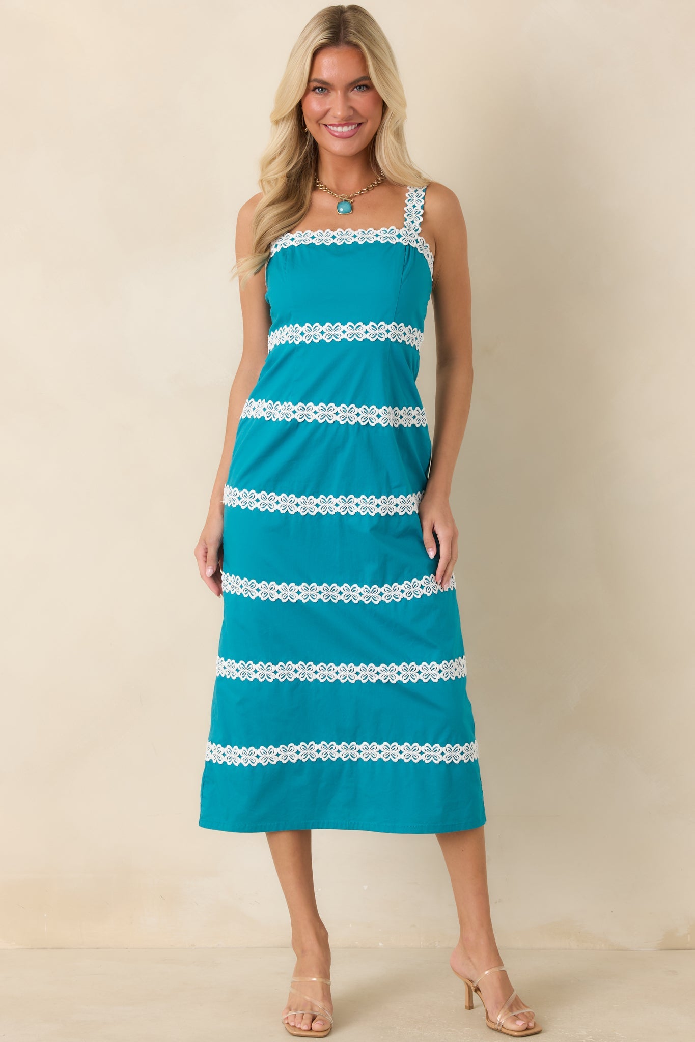Couldn't Stay Away Teal & Ivory Floral Lace Midi Dress