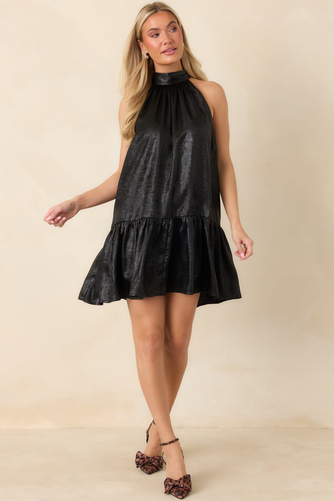 Fancy That Black Halter Bow Back Ruffle Hem Mini Dress