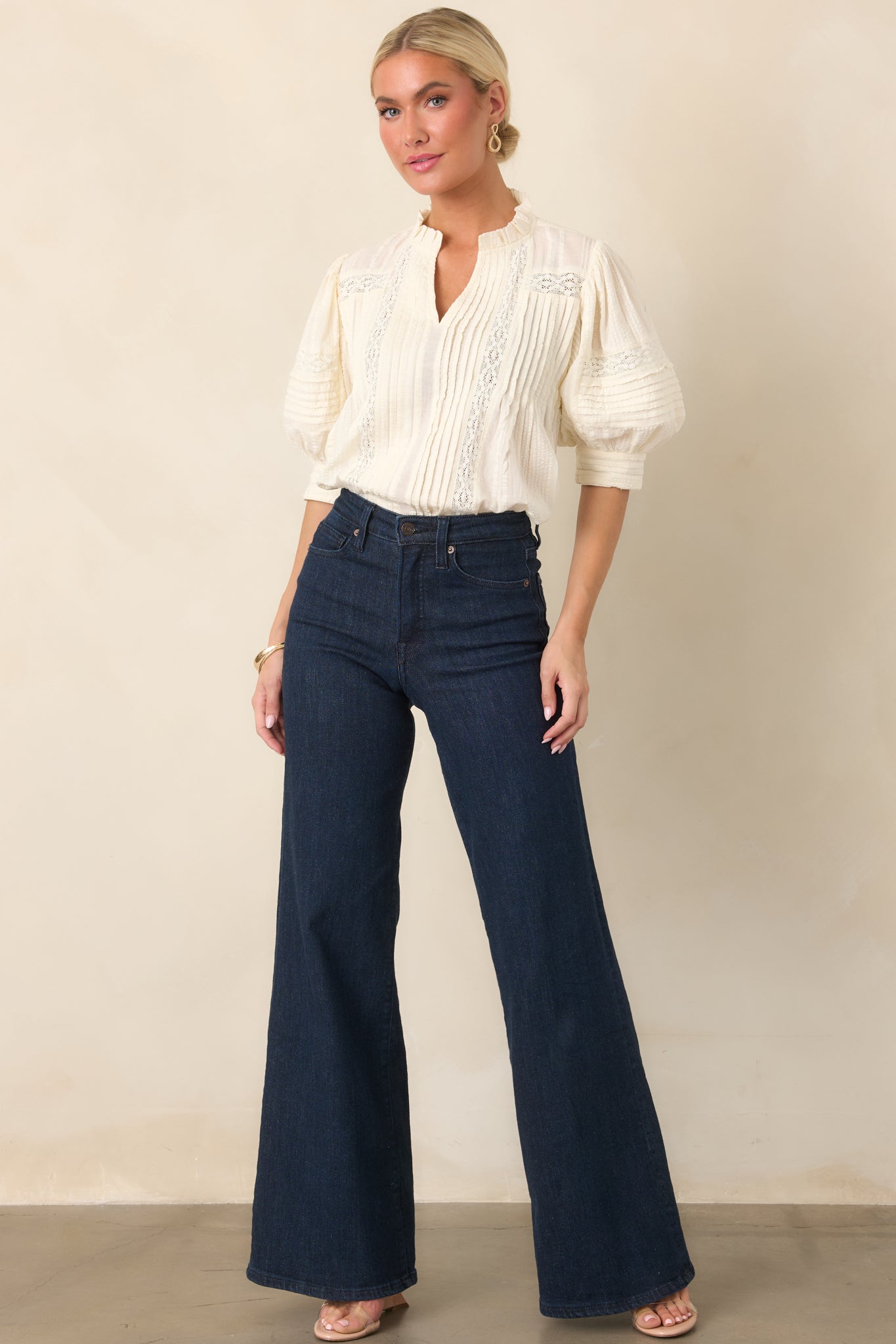 Dainty Details Ivory Textured Lace Trim Pleated Blouse