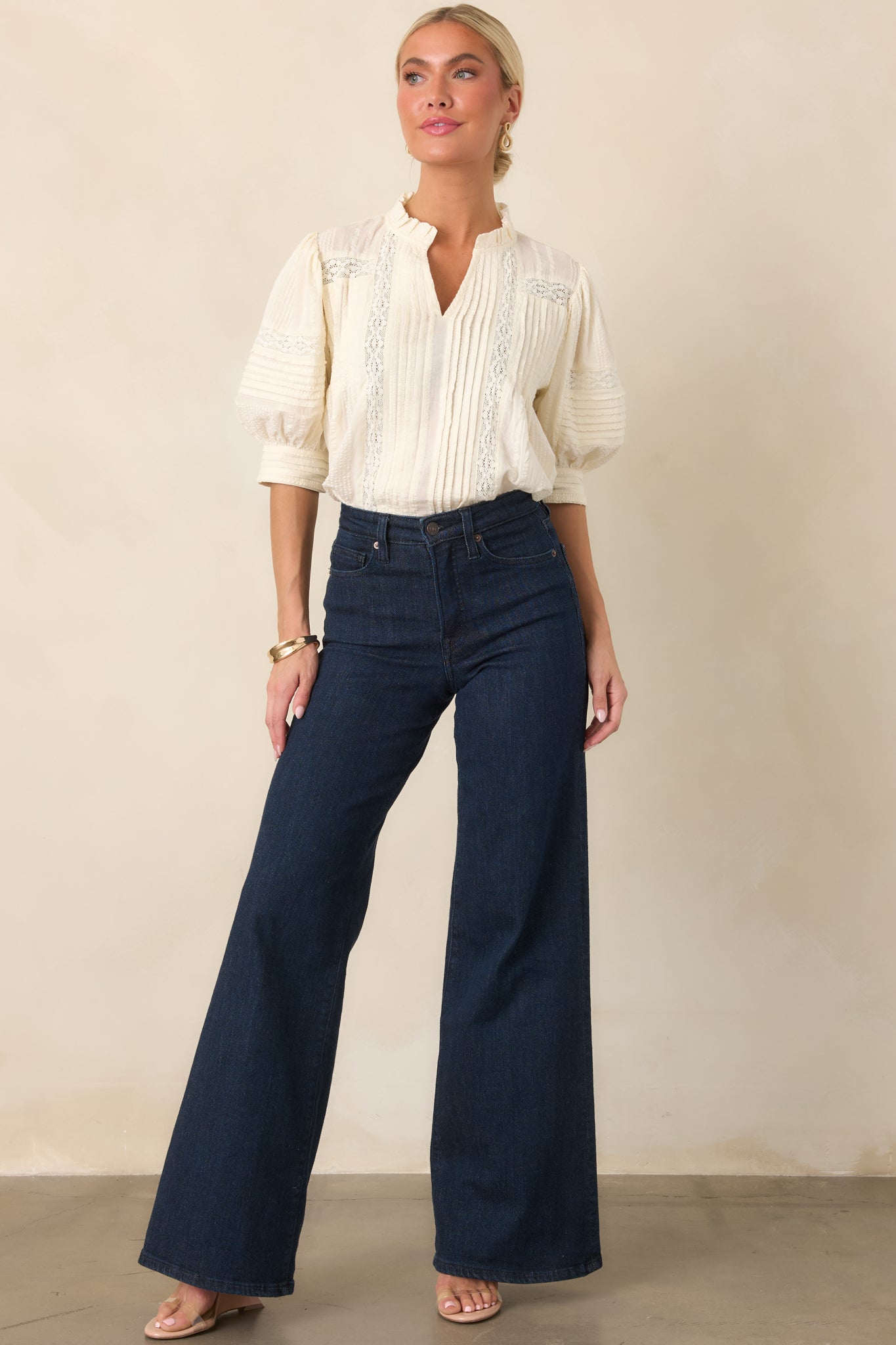 Dainty Details Ivory Textured Lace Trim Pleated Blouse