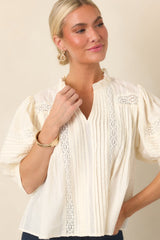 Dainty Details Ivory Textured Lace Trim Pleated Blouse
