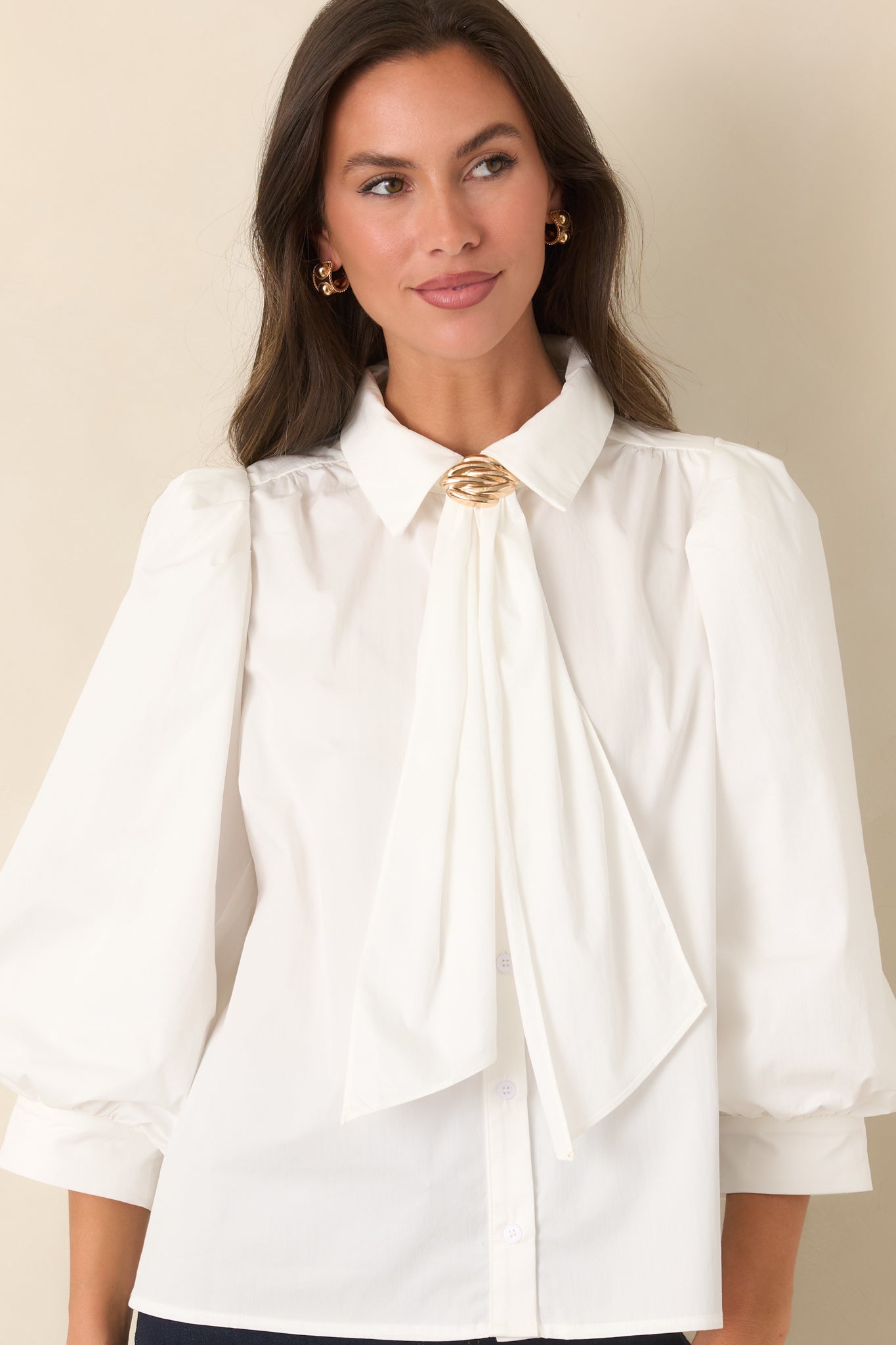 A Word of Advice Ivory Gold Accent Tie Neck Blouse