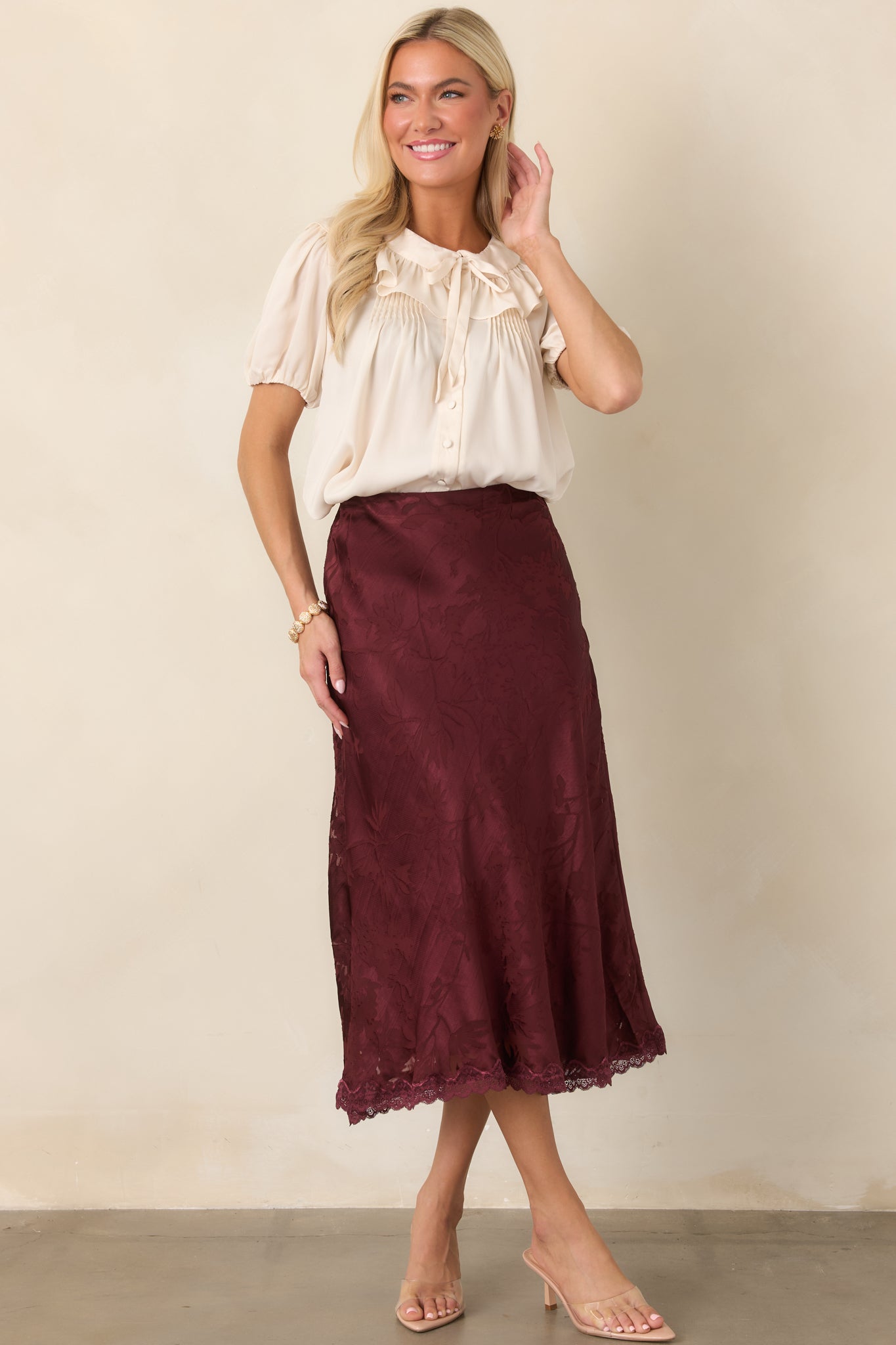 ASTR the Label Windey Mulberry Satin Midi Skirt