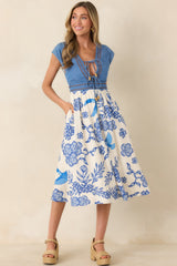 AIYIA Aubrey Ivory & Blue Floral Denim Bodice Midi Dress