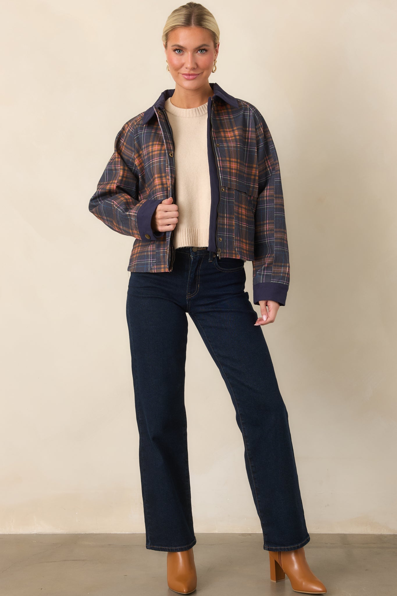 Check the Forecast Navy Multi Plaid Cotton Jacket
