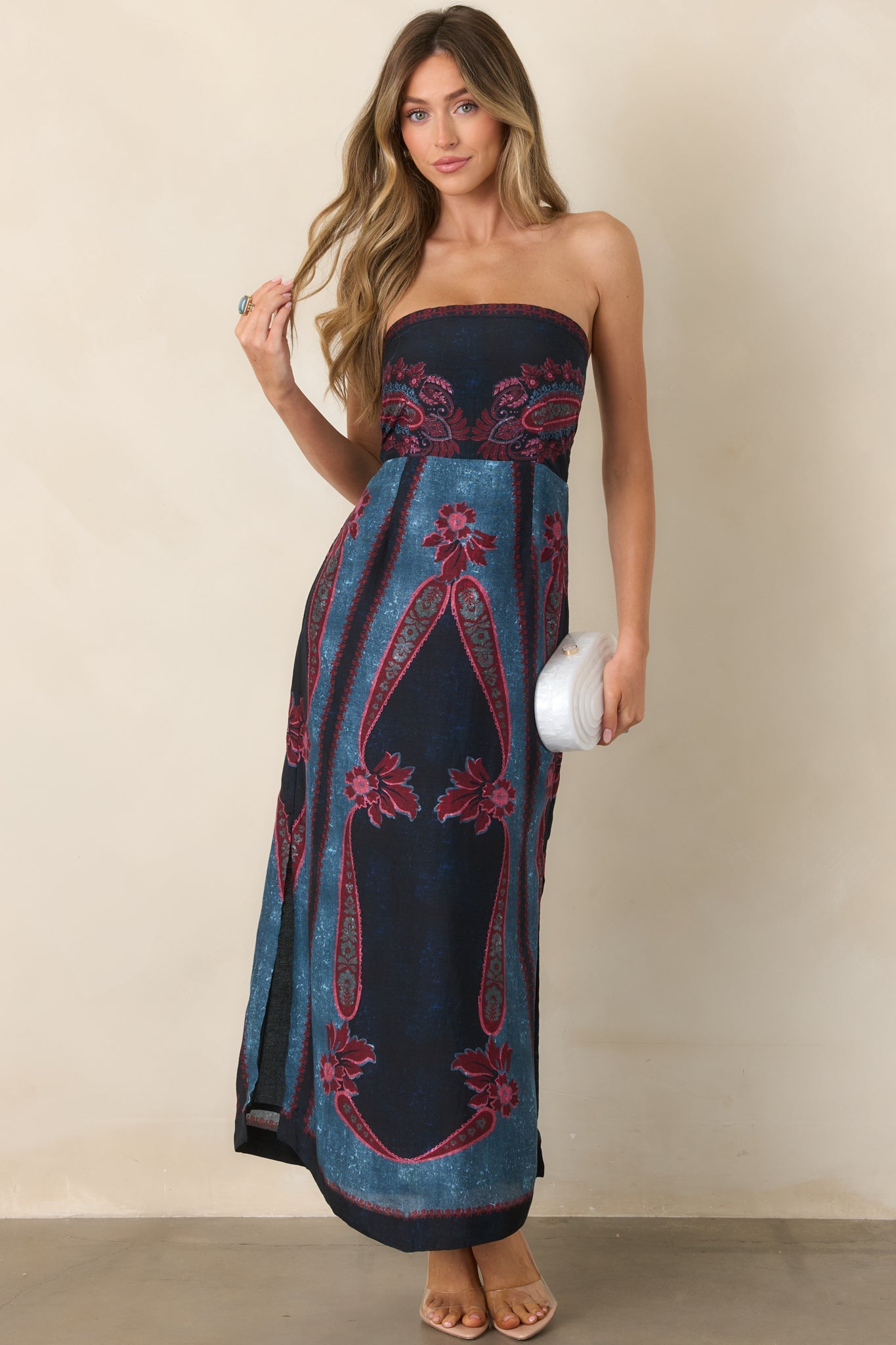 Anna Cate Bennett Obscura Navy Multi Strapless Midi Dress